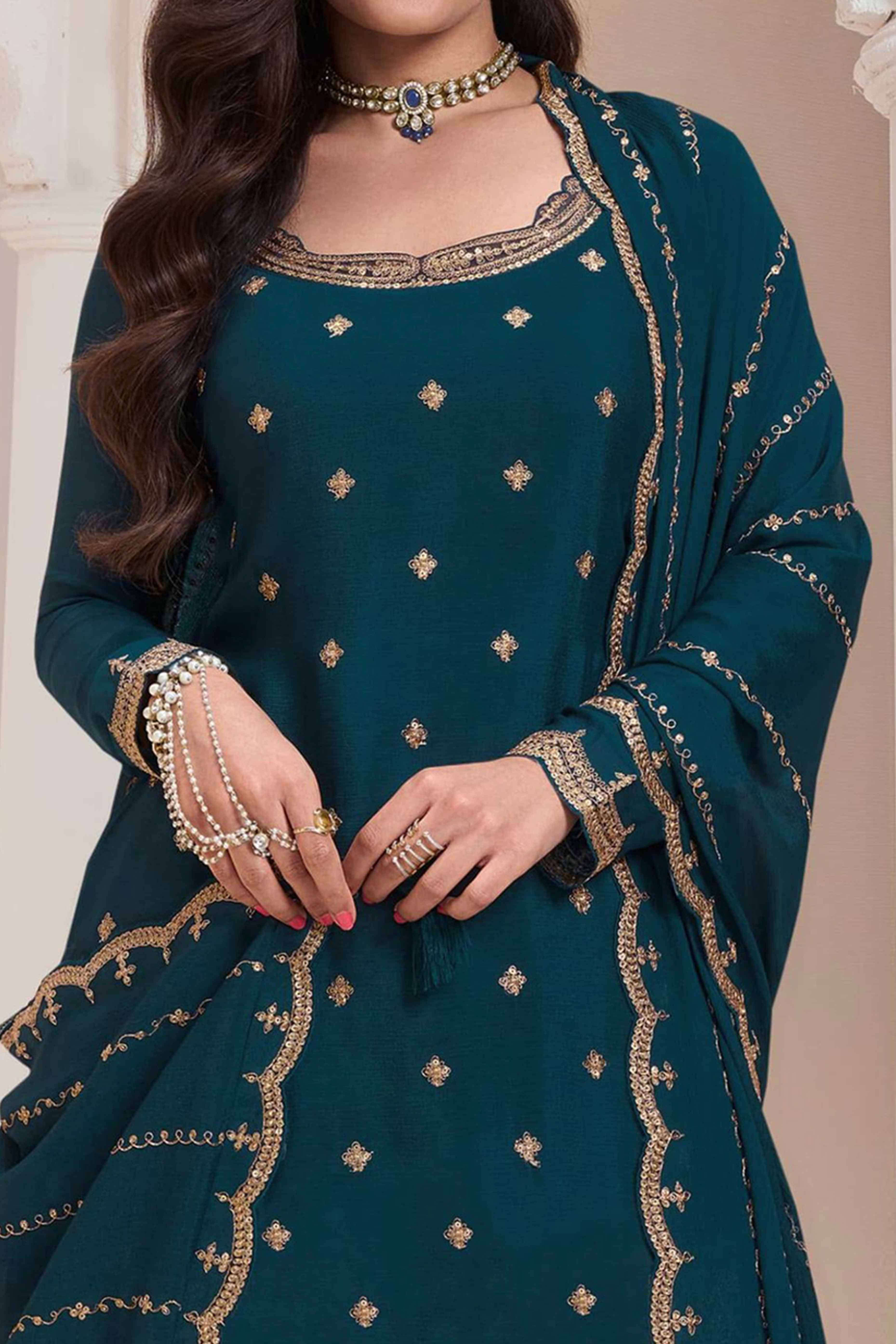 Peachmode Seller Dark Teal Floral Sequins Embroidered Chinon Palazzo Suit - view 2