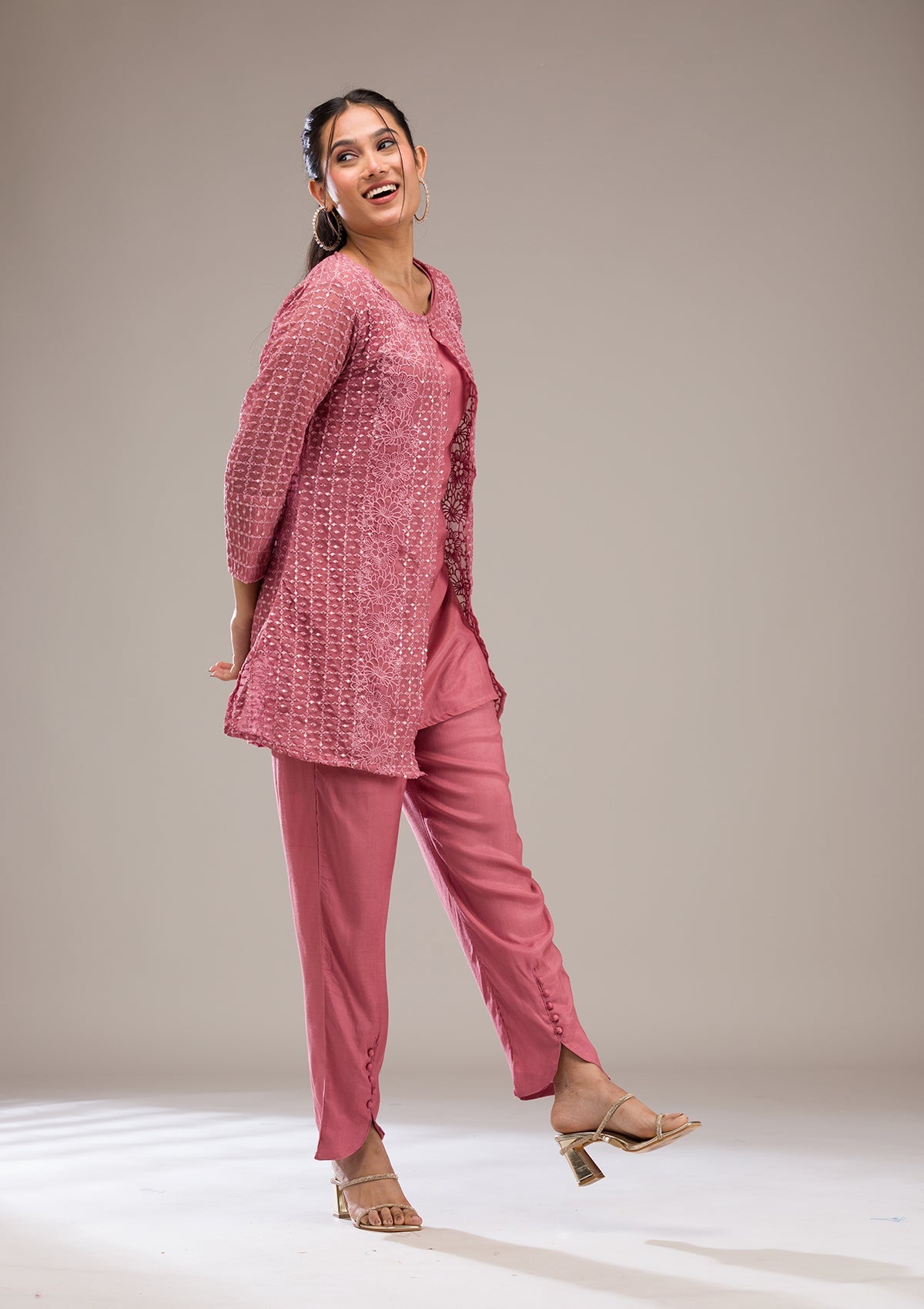 Koskii Onion Pink Threadwork Georgette Readymade Salwar Suit - view 4