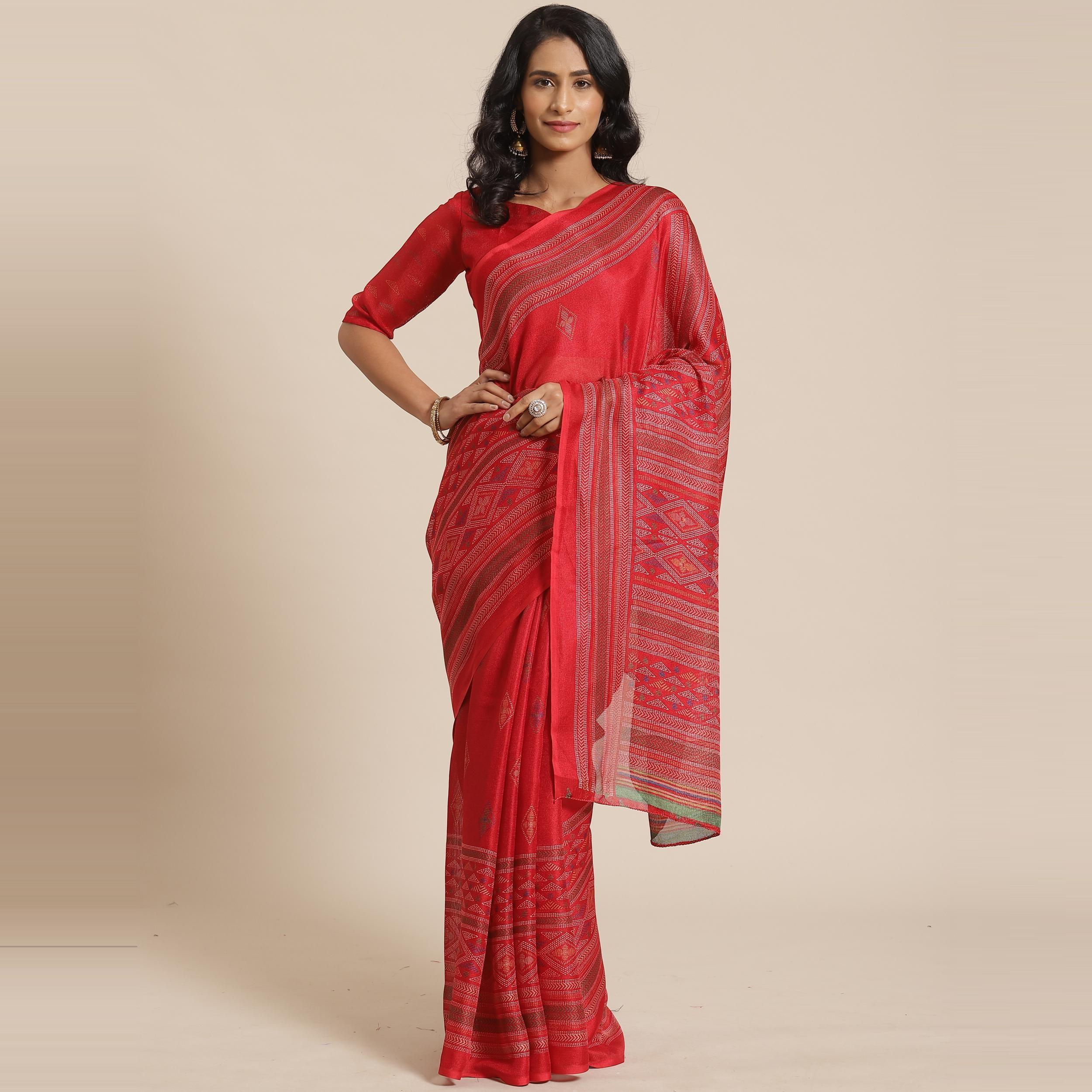 Peachmode Charming Red Colored Casual Wear Printed Jute Silk Saree