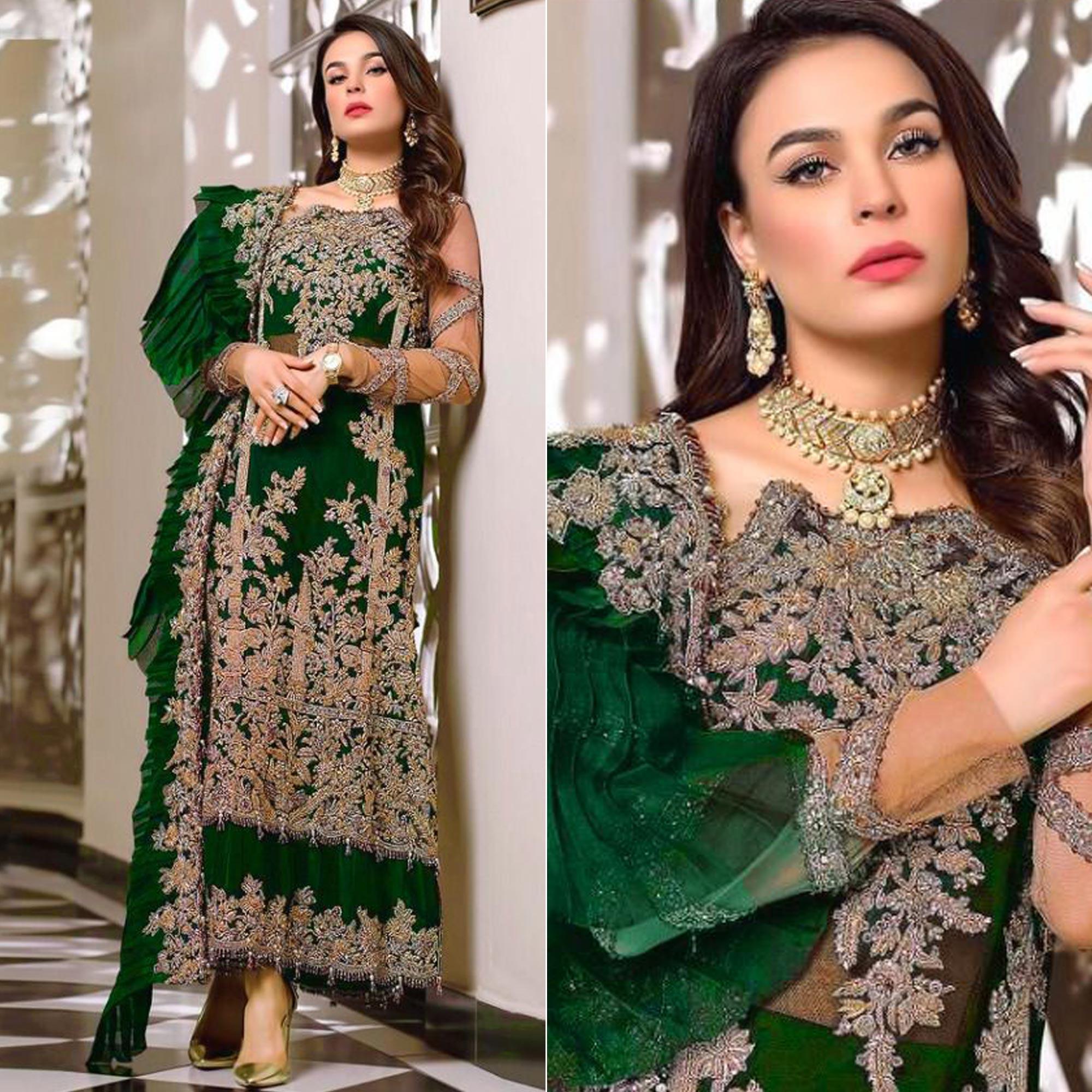 Peachmode Bottle Green Embroidered Resham Work Georgette Pakistani Suit