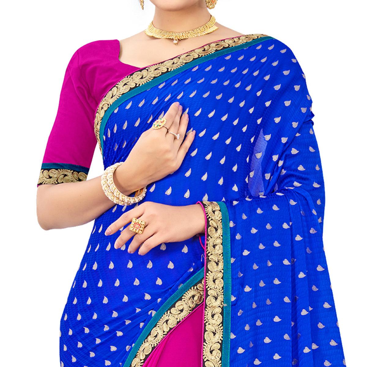 Peachmode Fantastic Blue-Pink Colored party Wear Embroidered Georgette Half-Half Saree - view 2