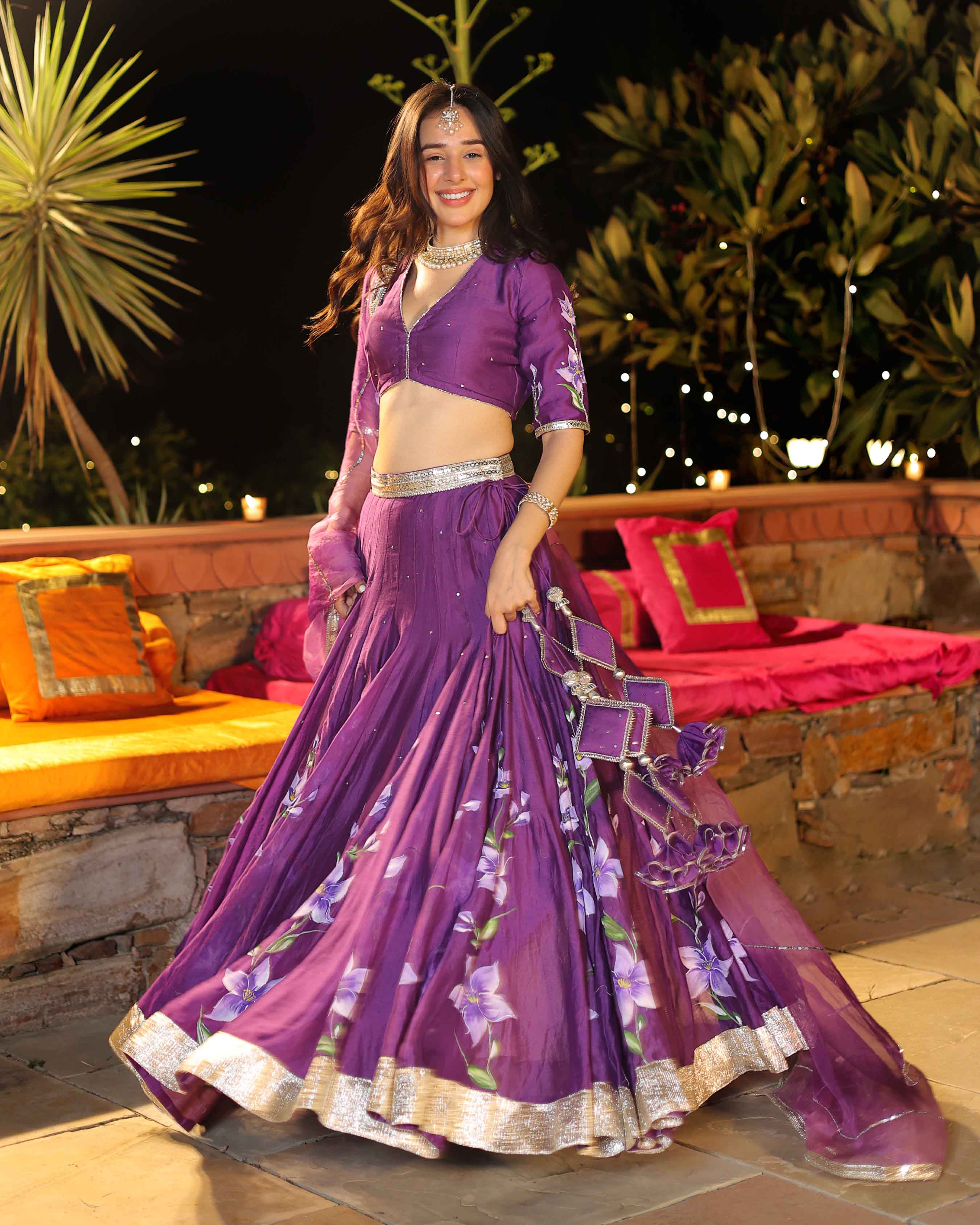 Aachho Purple Whisper Handpainted Chanderi Lehenga Set - view 4