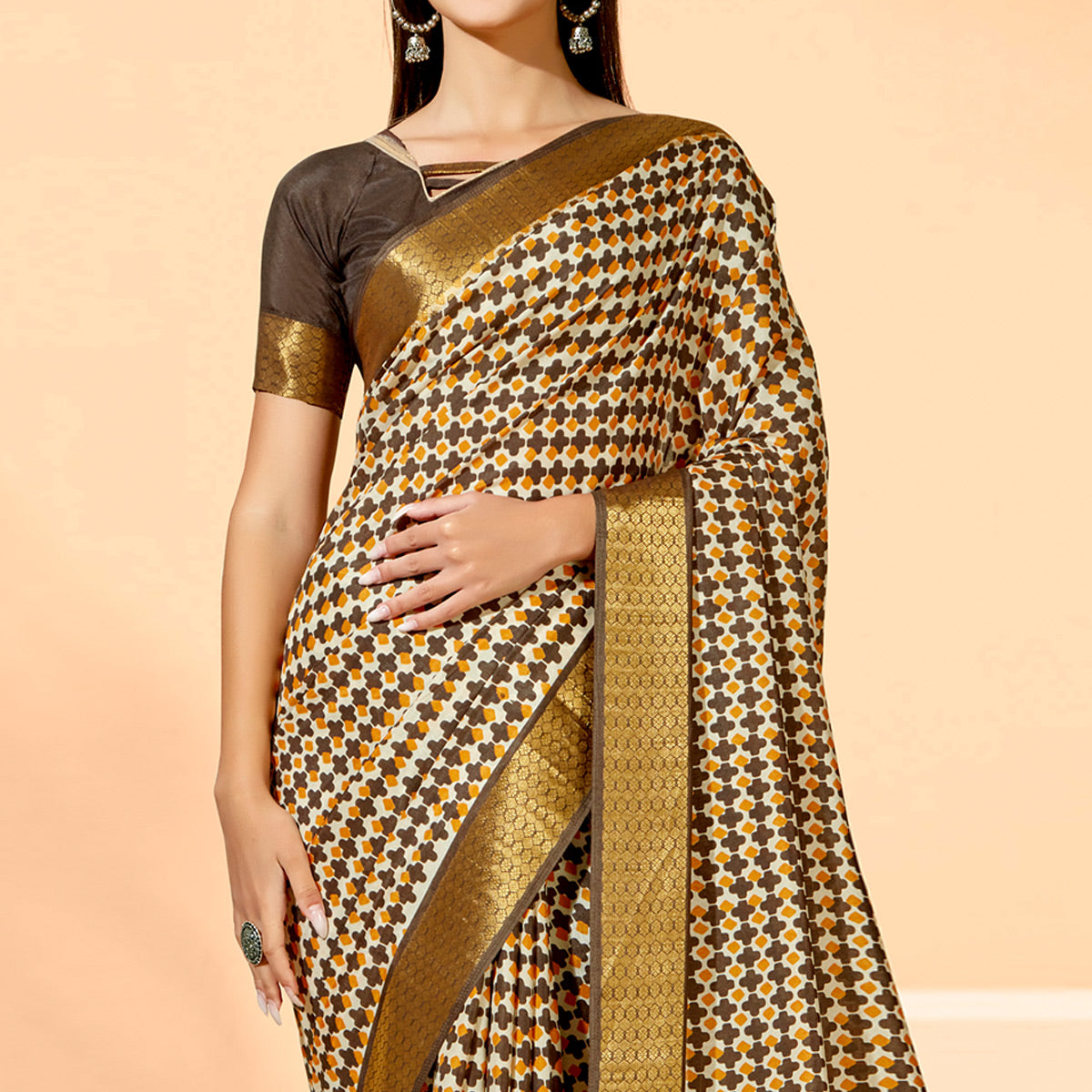 Peachmode Coffee Brown Printed Dola Silk Saree With Tassels - view 2