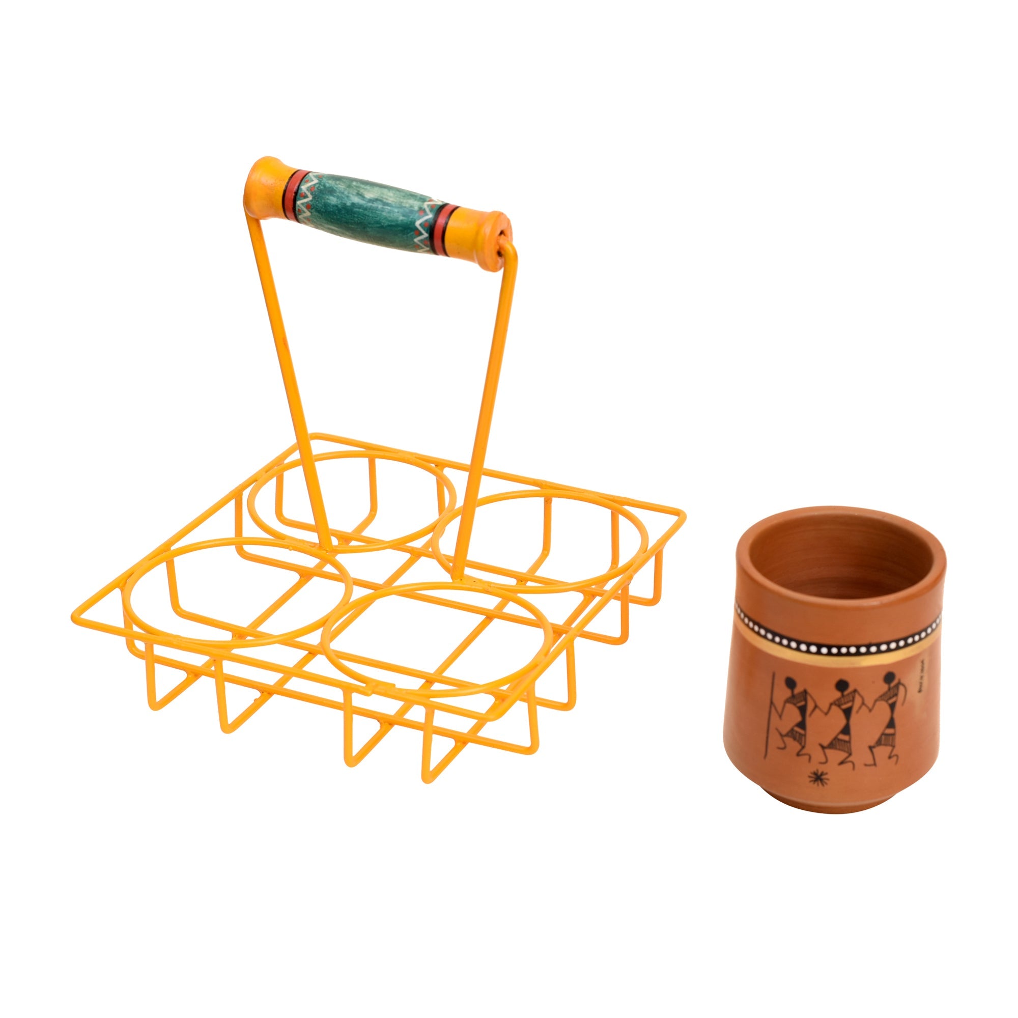 ART CREATIONS BY SUMAN SONTHALIA Brown - Ram Piyari Kullad Set (SO4) in Yellow Handpainted Metal Stand (6.7x6.7x7.5) - view 4