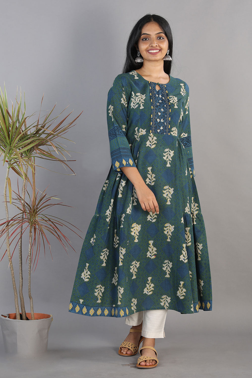 Kalanjali Ethnics Indigo blue Bagru blockprinted gathered long kurti dress