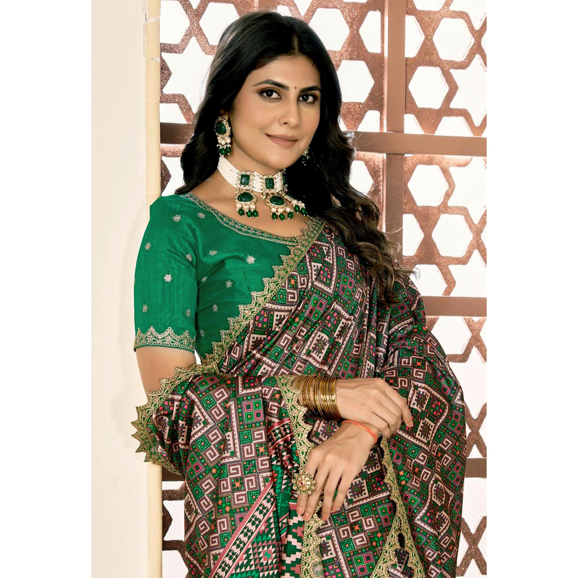 BlackTree green-printed-patola-tussar-silk-sare - view 6