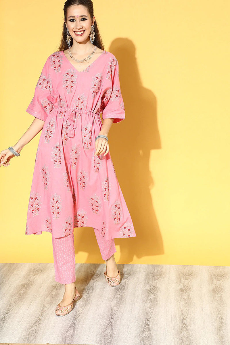 Ahika Pink Cotton Floral Printed Kaftan Set VKAFSET1004