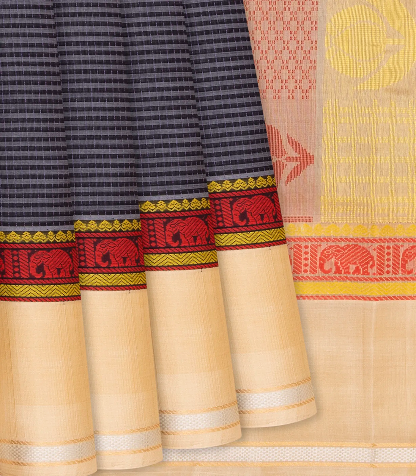 RmKV Black Handloom Chirala Silk Cotton Saree With Cream Border-Black