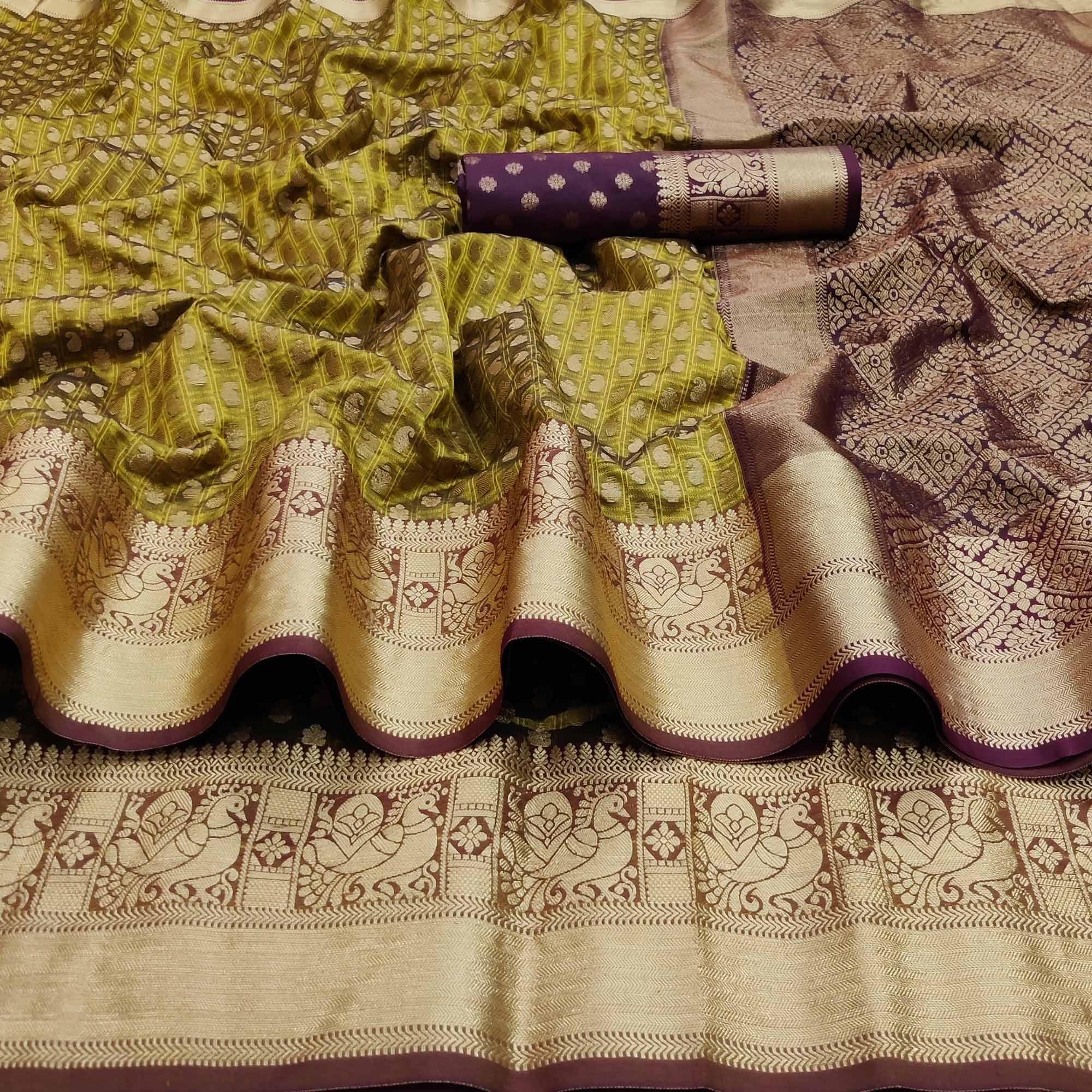 Peachmode Lemon Green Festive Wear Woven Silk Saree With Jacquard Border - view 3