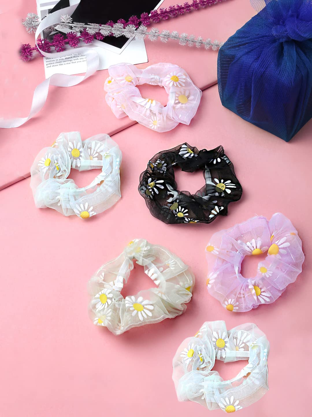 Yellow Chimes Scrunchies for Women Hair Accessories for Women 6 Pcs Net Fabric Scrunchies Set Rubber Bands Multicolor Scrunchie Ponytail Holders Hair - view 3