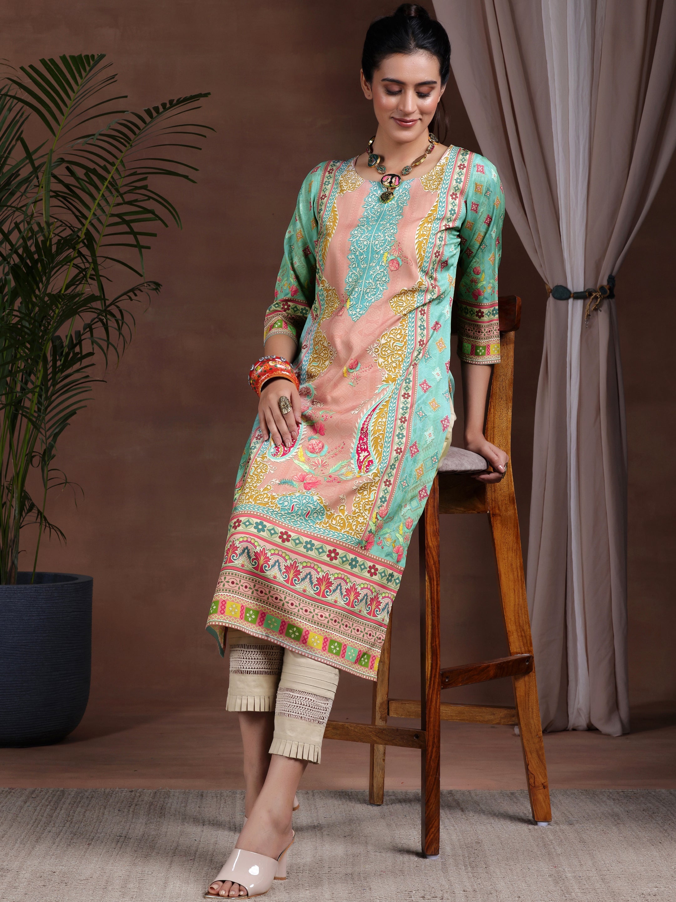 Libas Green Printed Crepe Straight Kurta
