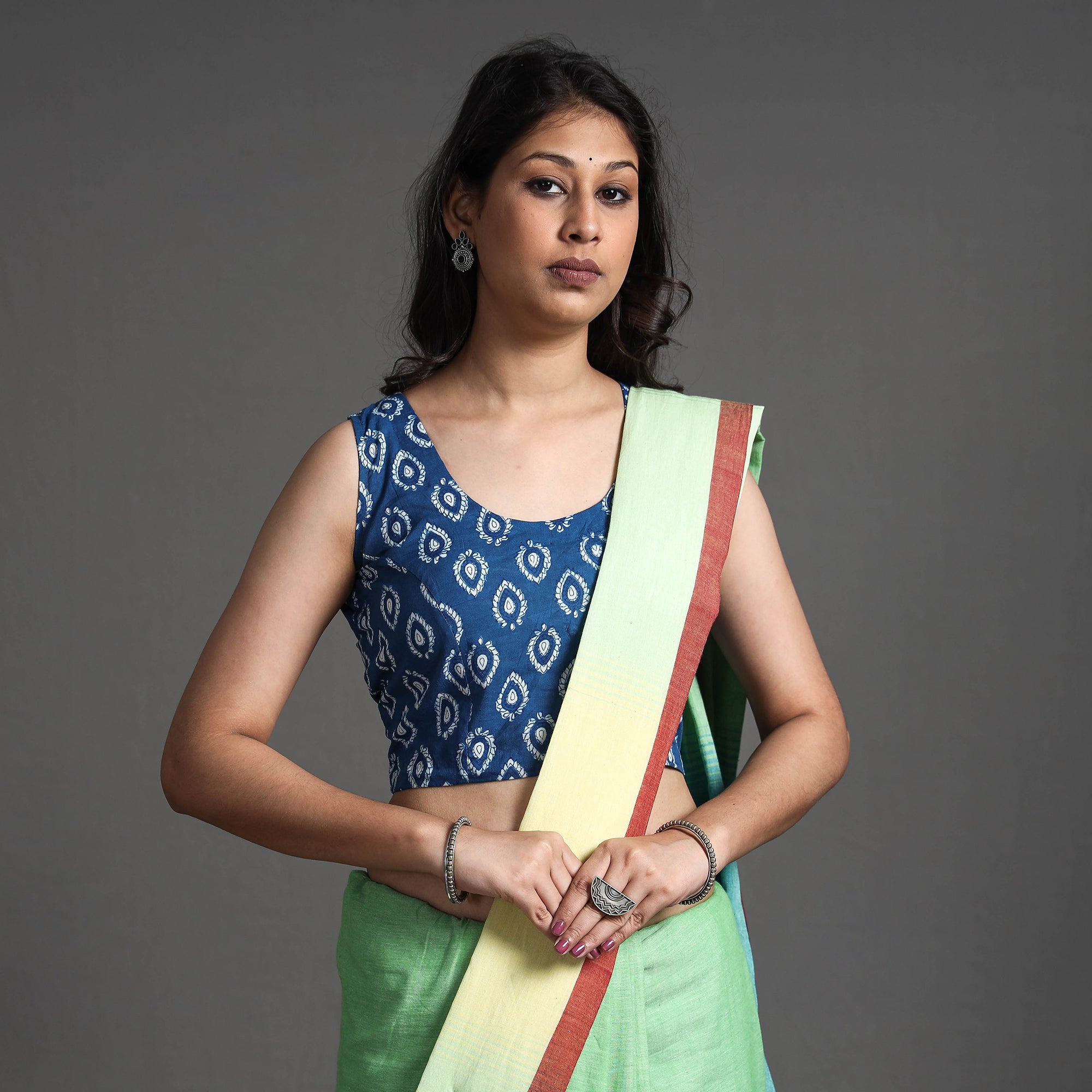 ITOKRI CASUALS Blue - Bagru Dabu Block Printed Cotton Stitched Sleeveless Blouse