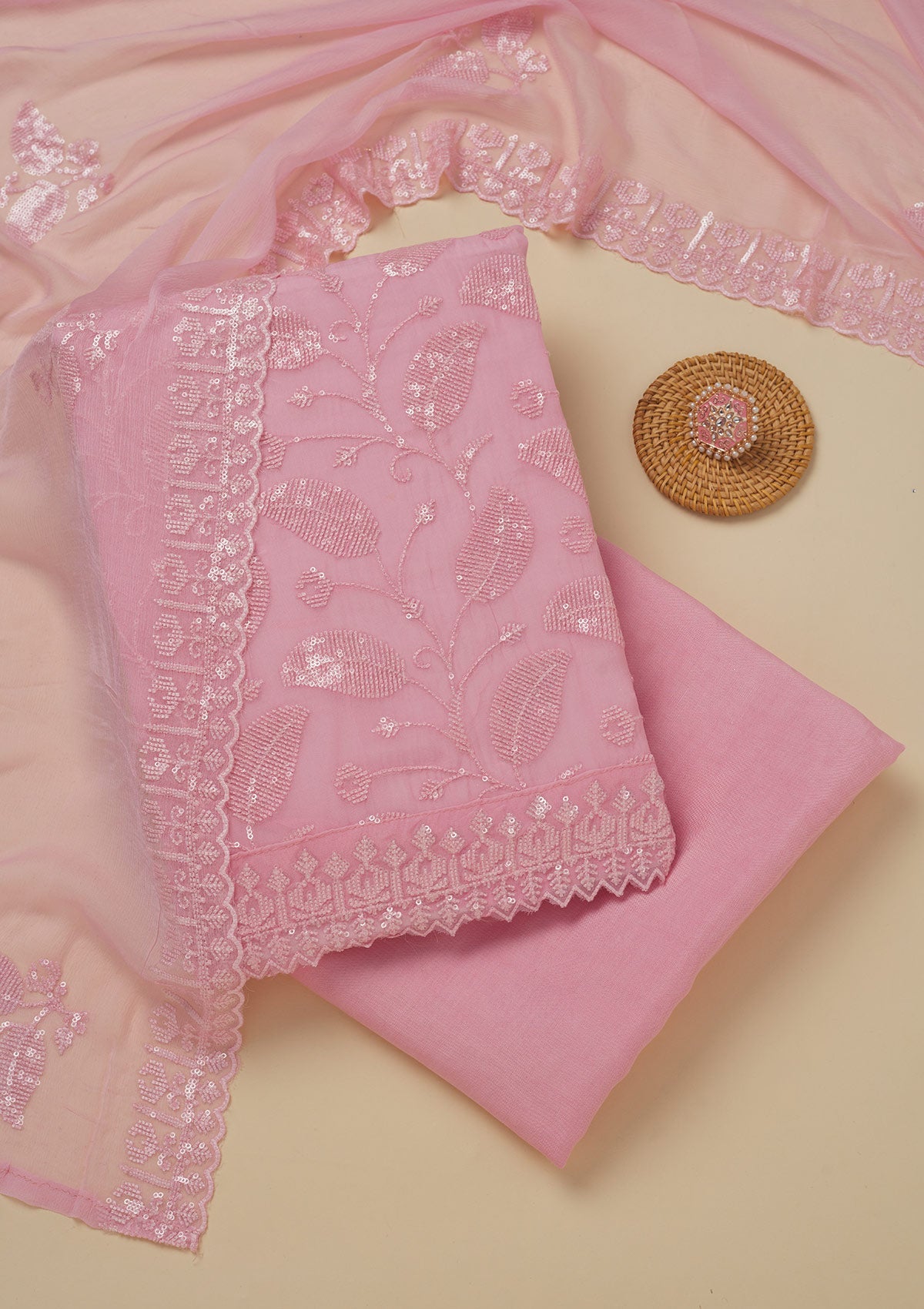 Koskii Pink Threadwork Organza Unstitched Salwar Suit