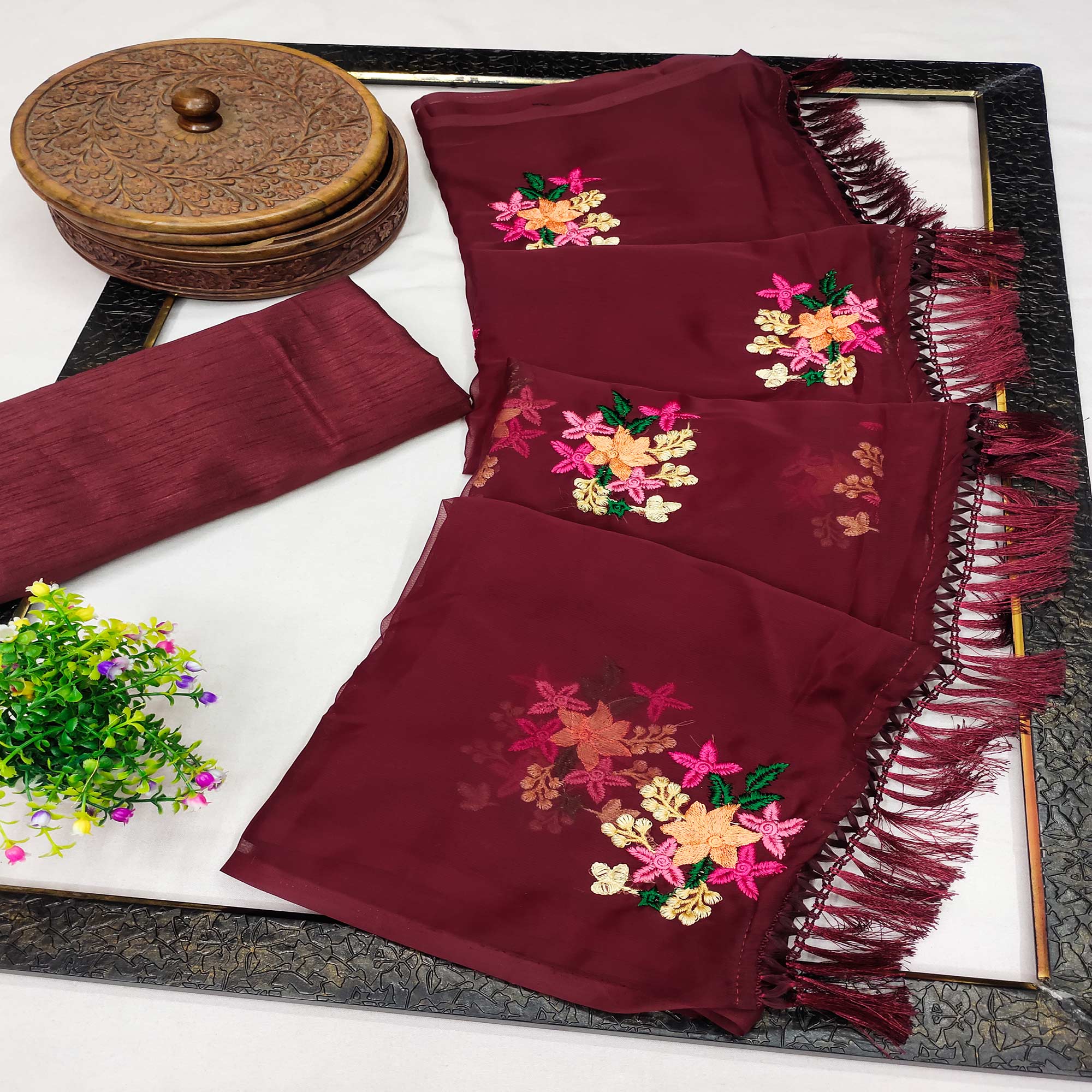 Peachmode Maroon Floral Embroidered Chiffon Saree