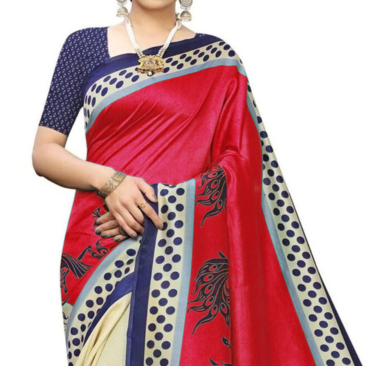 Peachmode Cream Red Printed Art Silk Half N Half Saree - view 2