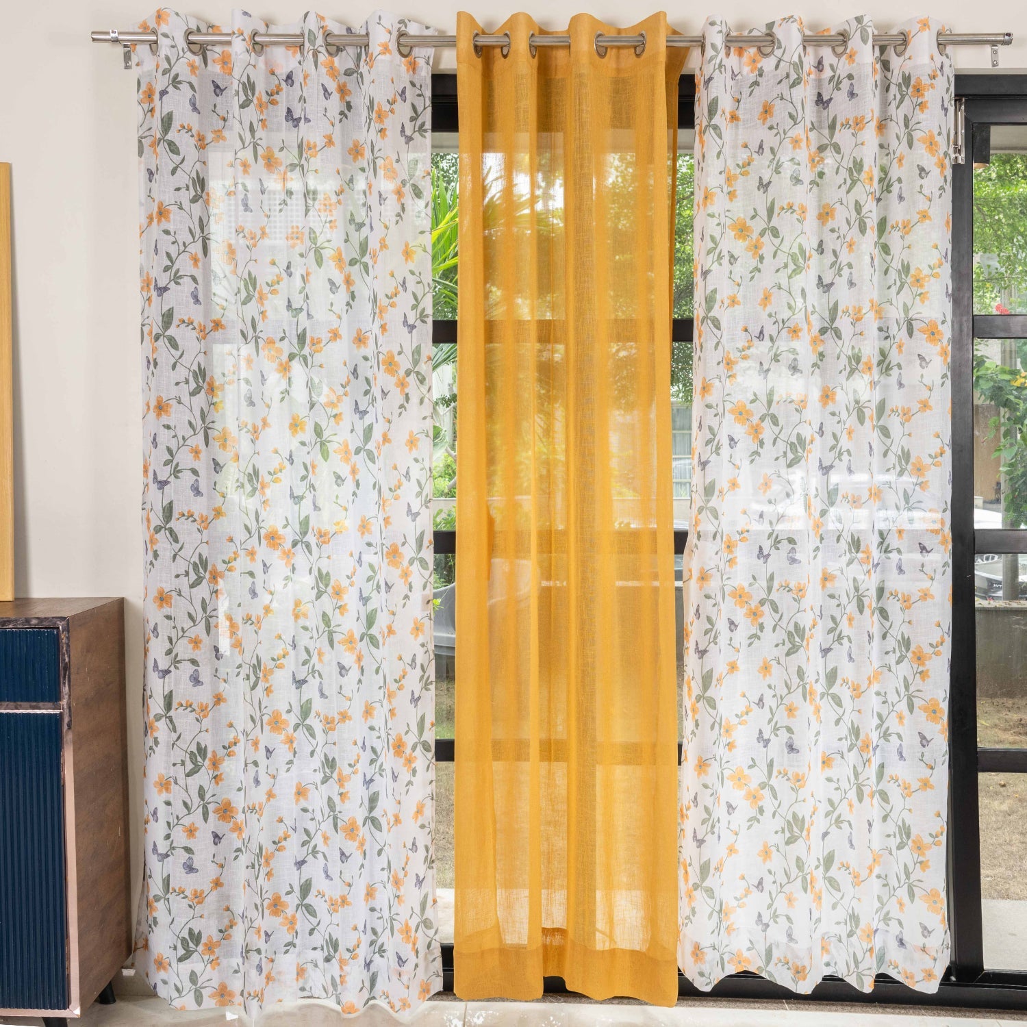 Urban Space -Home Furnishing Store Sheer Curtains Combo, Set of 3 curtains, 35-40% Room Darkening Decorative Curtains - Floral Yellow & Yellow