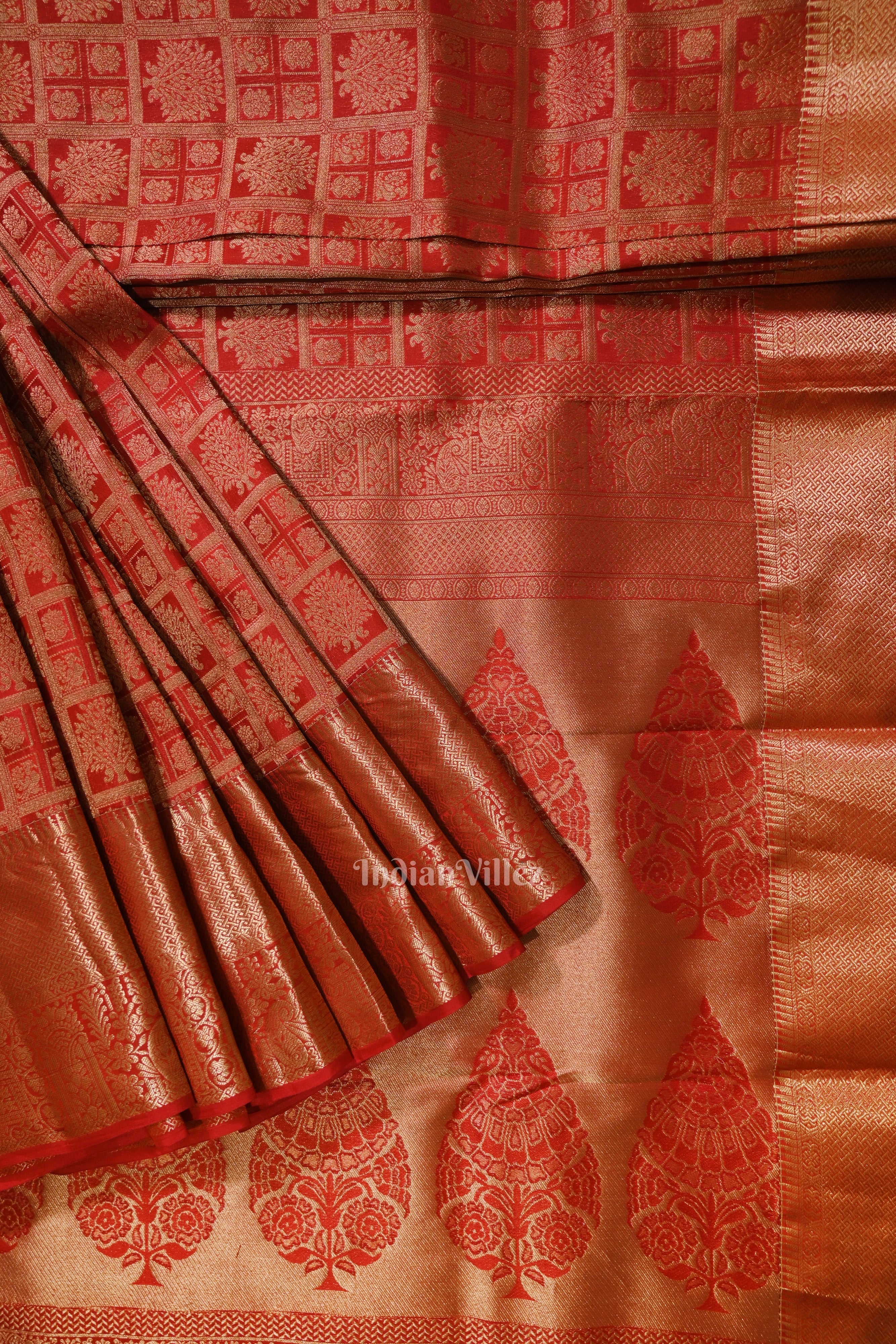 IndianVillèz Red Pure auntheticate Kanjivaram Silk Saree with Zari Brocade