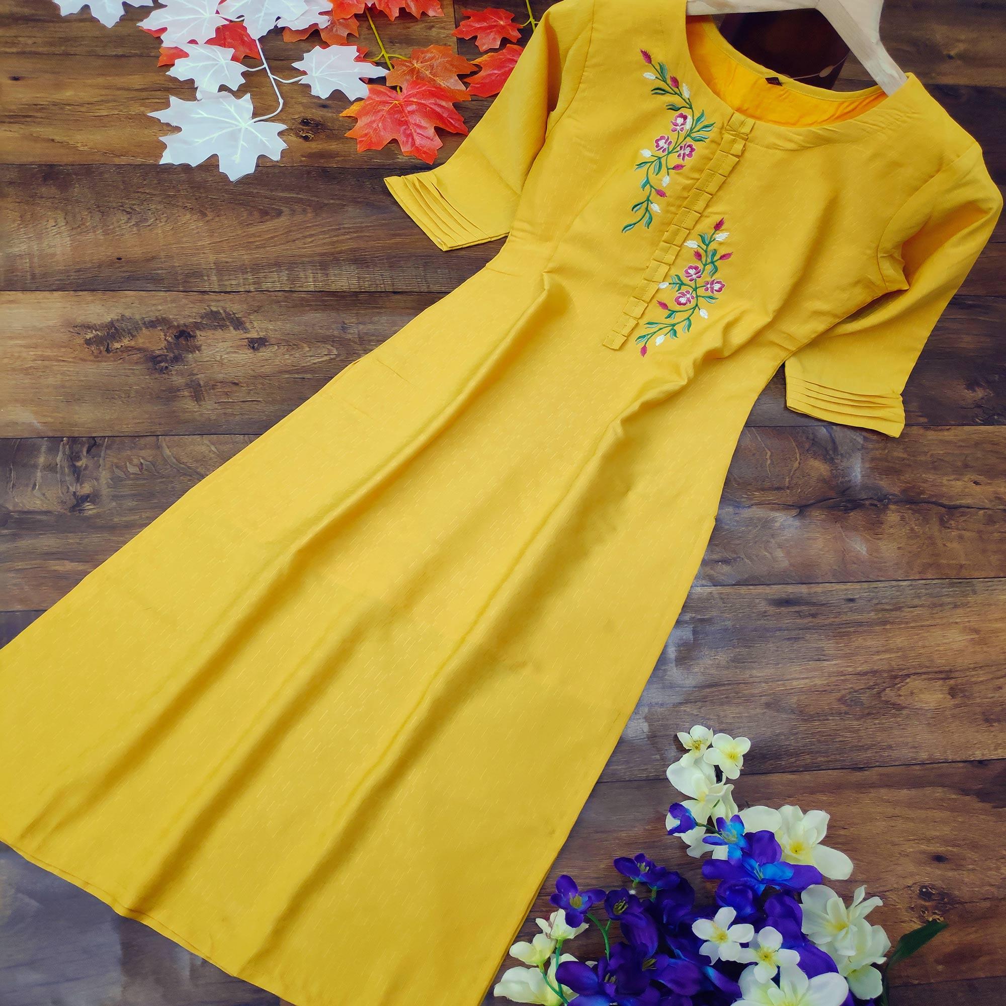 Peachmode Seller Classy Yellow Colored Party Wear Embroidered Cotton Kurti