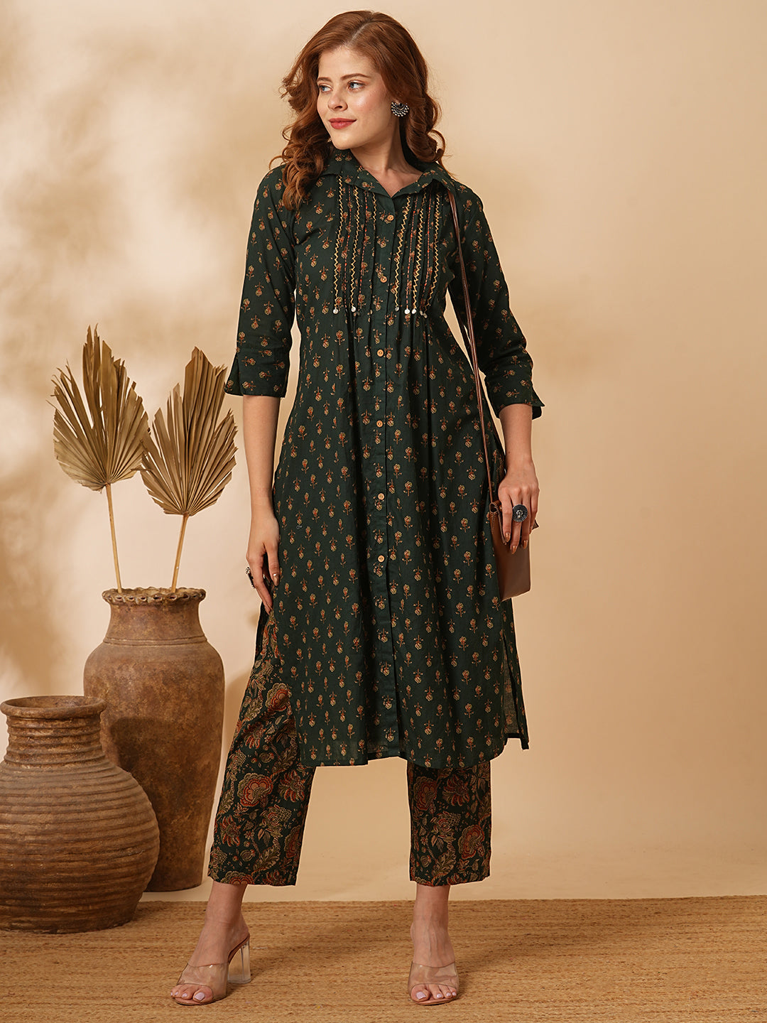 Fashor Floral Printed & Embroidered Straight Fit Kurta with Pant - Green