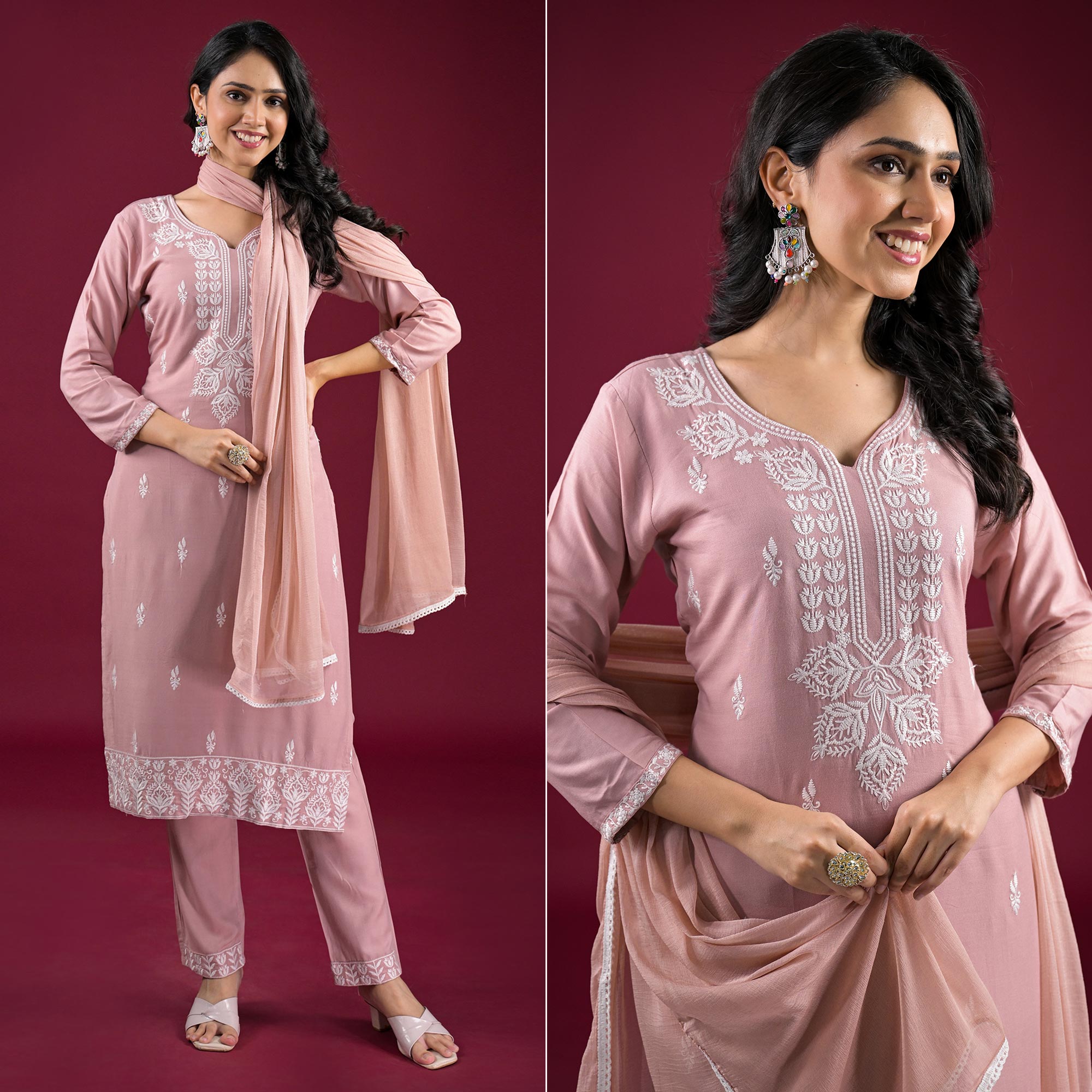 Peachmode Mauve Floral Embroidered Rayon Salwar Suit