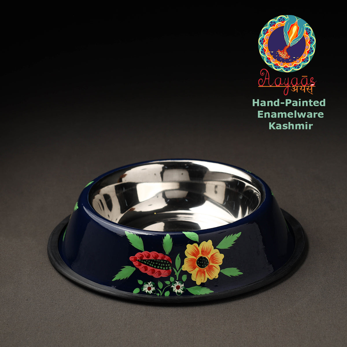 AAYAAS Blue - Floral Handpainted Enamelware Stainless Steel Pet Bowl