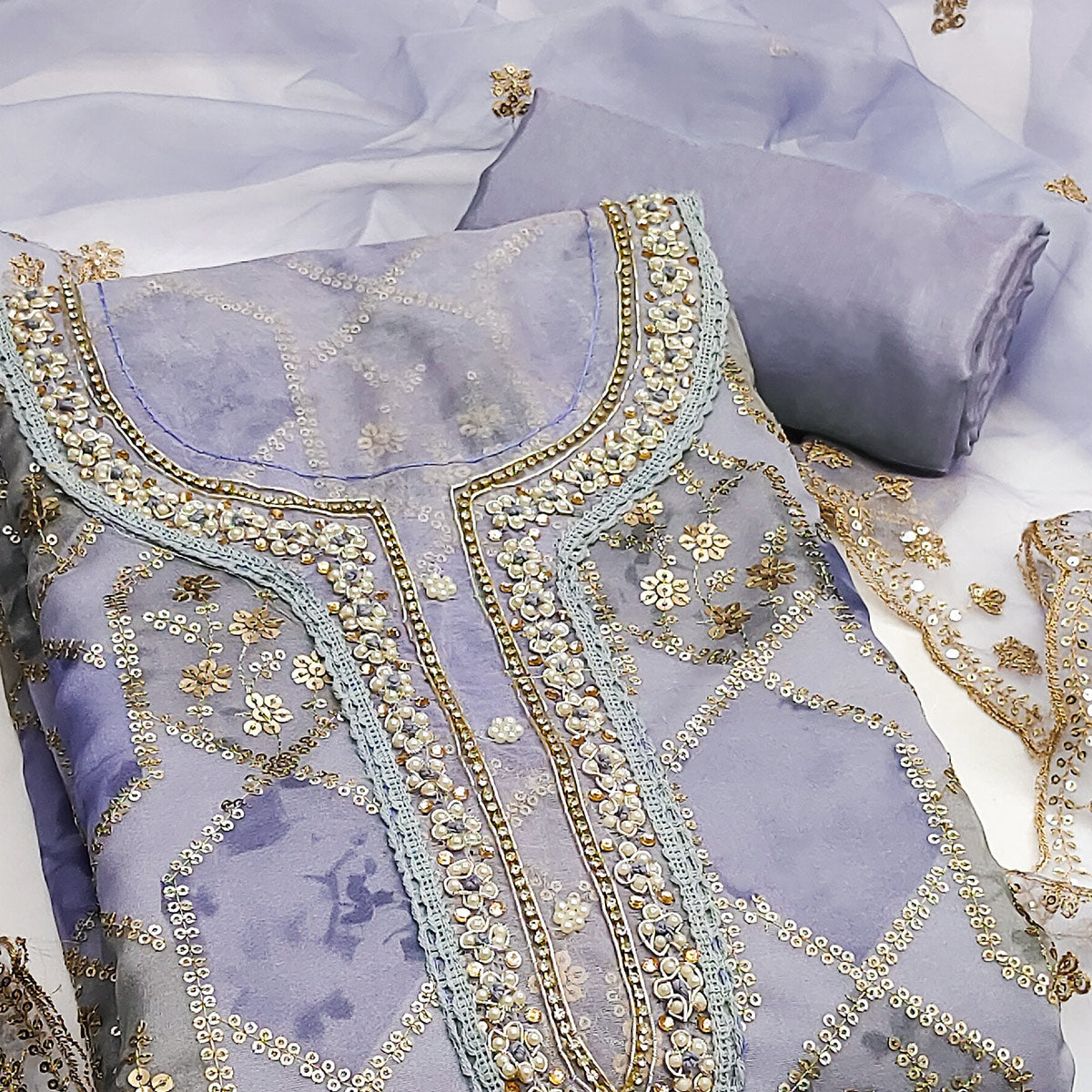 Peachmode Lavender Floral Sequins Embroidery With Handwork Organza Dress Material - view 2