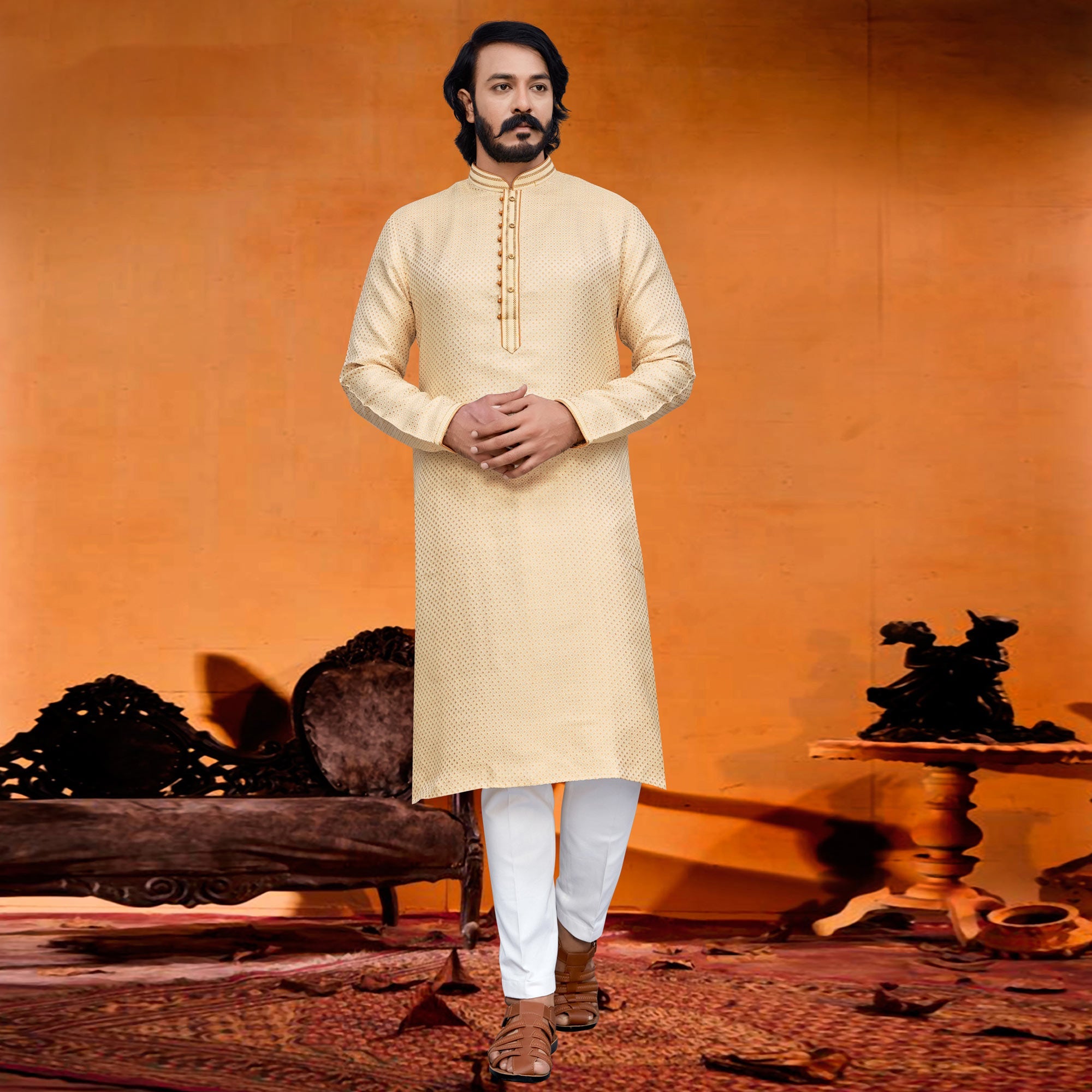 Peachmode Seller Light Yellow Woven Jacquard Kurta Pyjama Set - view 2