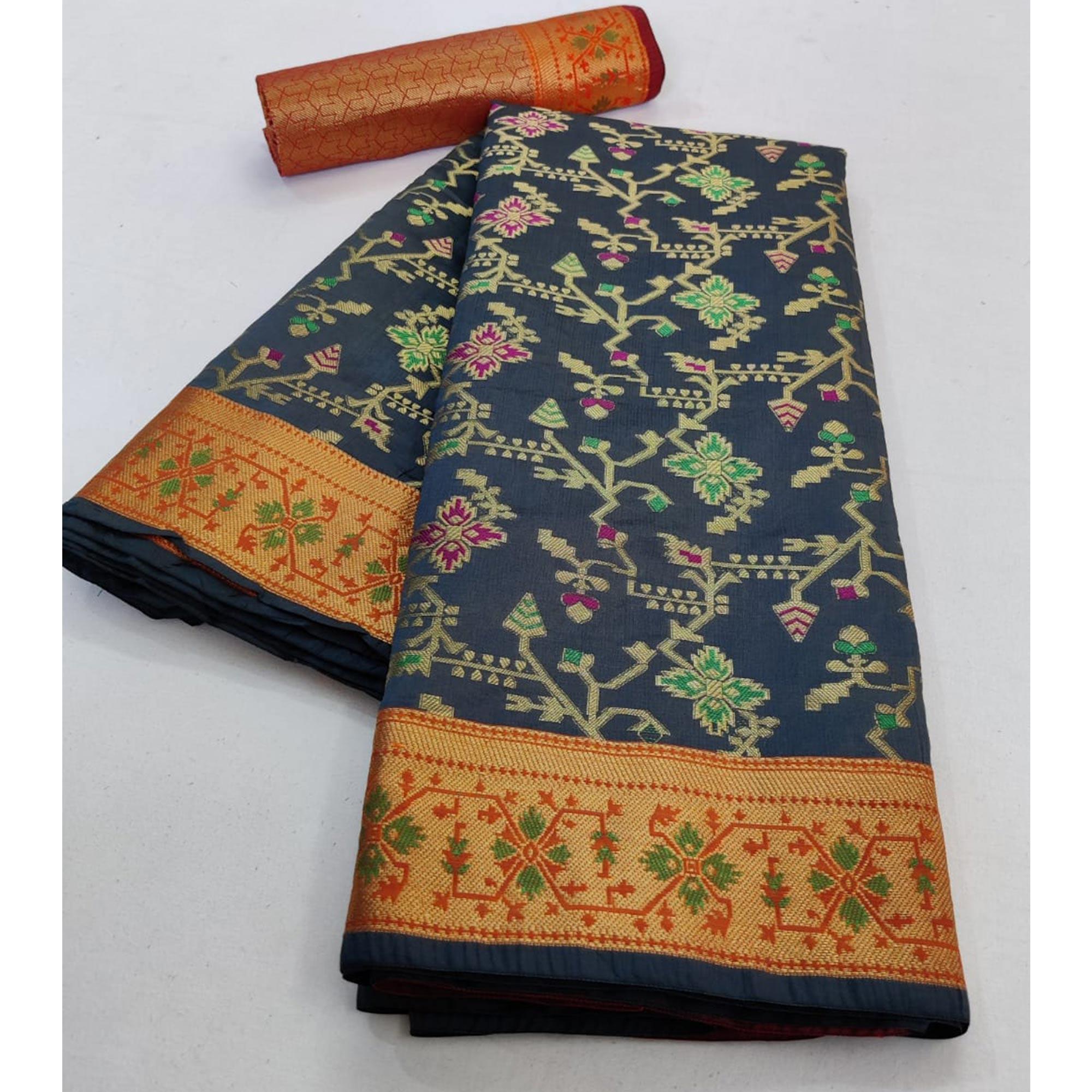 Peachmode Captivating Grey Colored Festive Wear Woven Silk Saree - view 2