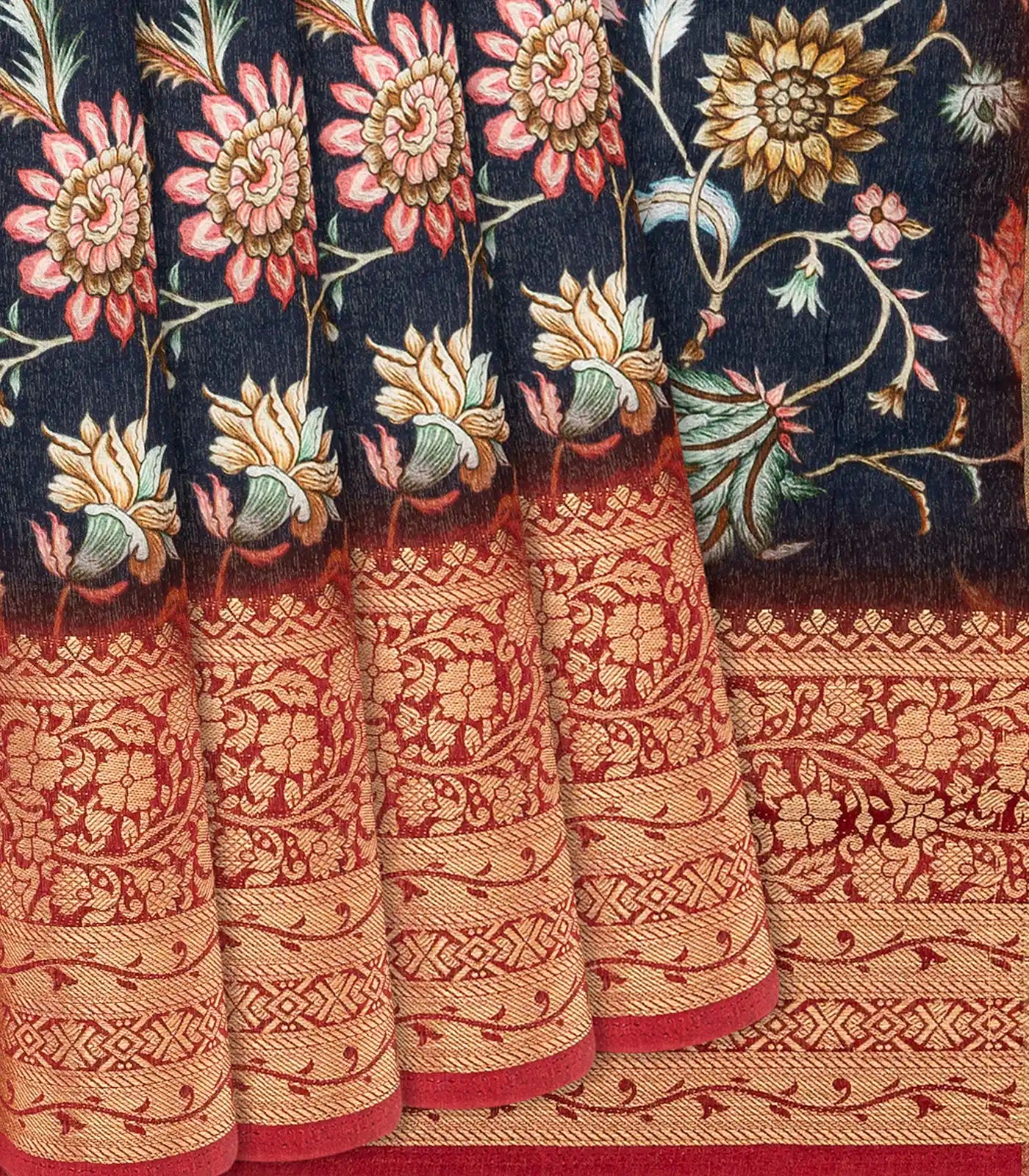 RmKV Black Woven Chanderi Viscose Printed Saree With Floral Vine Motifs-Black