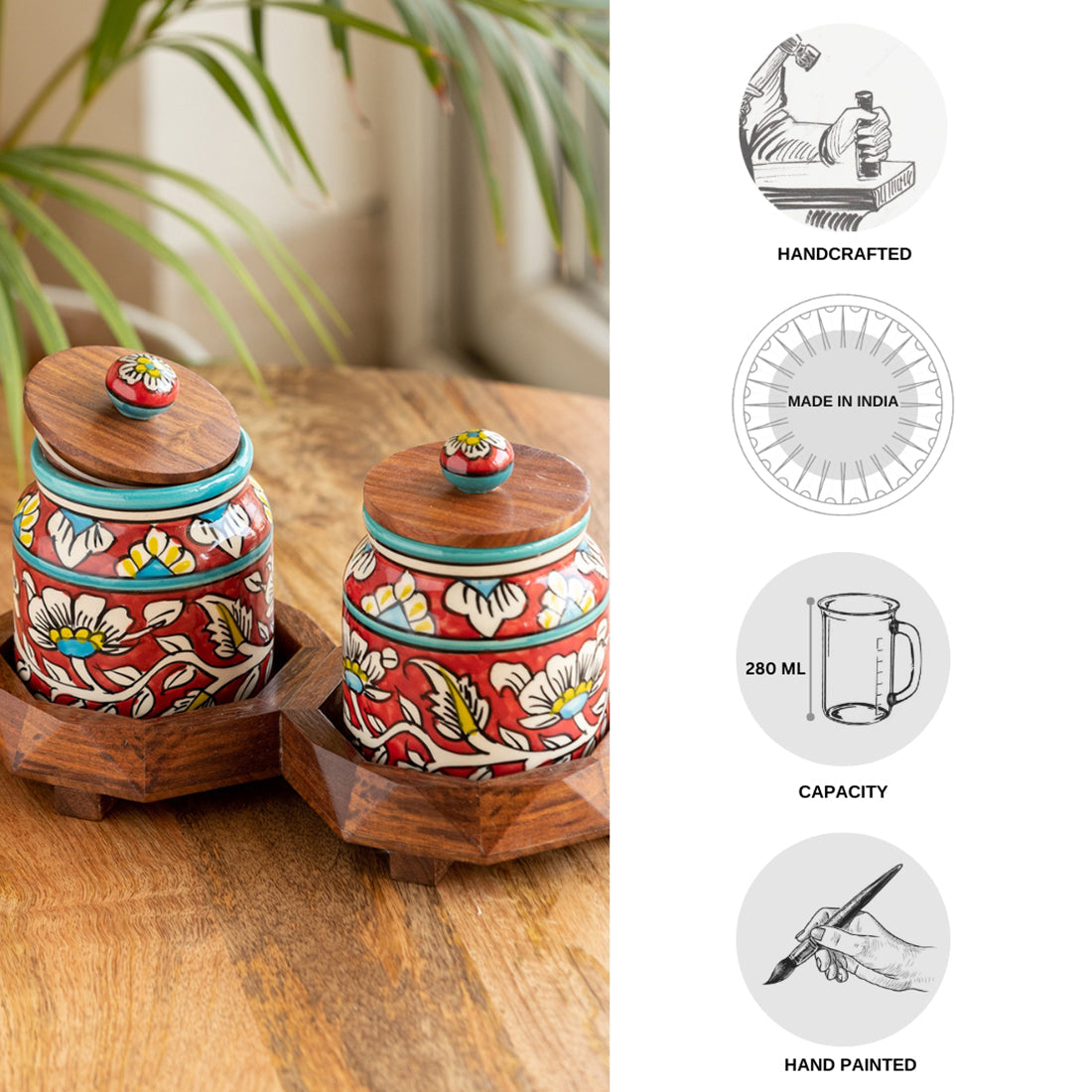 EXCLUSIVELANE 'Mughal Floral' Hand-Painted Ceramic Storage Jars & Containers with Tray (Set of 2, 440 ML) - view 6
