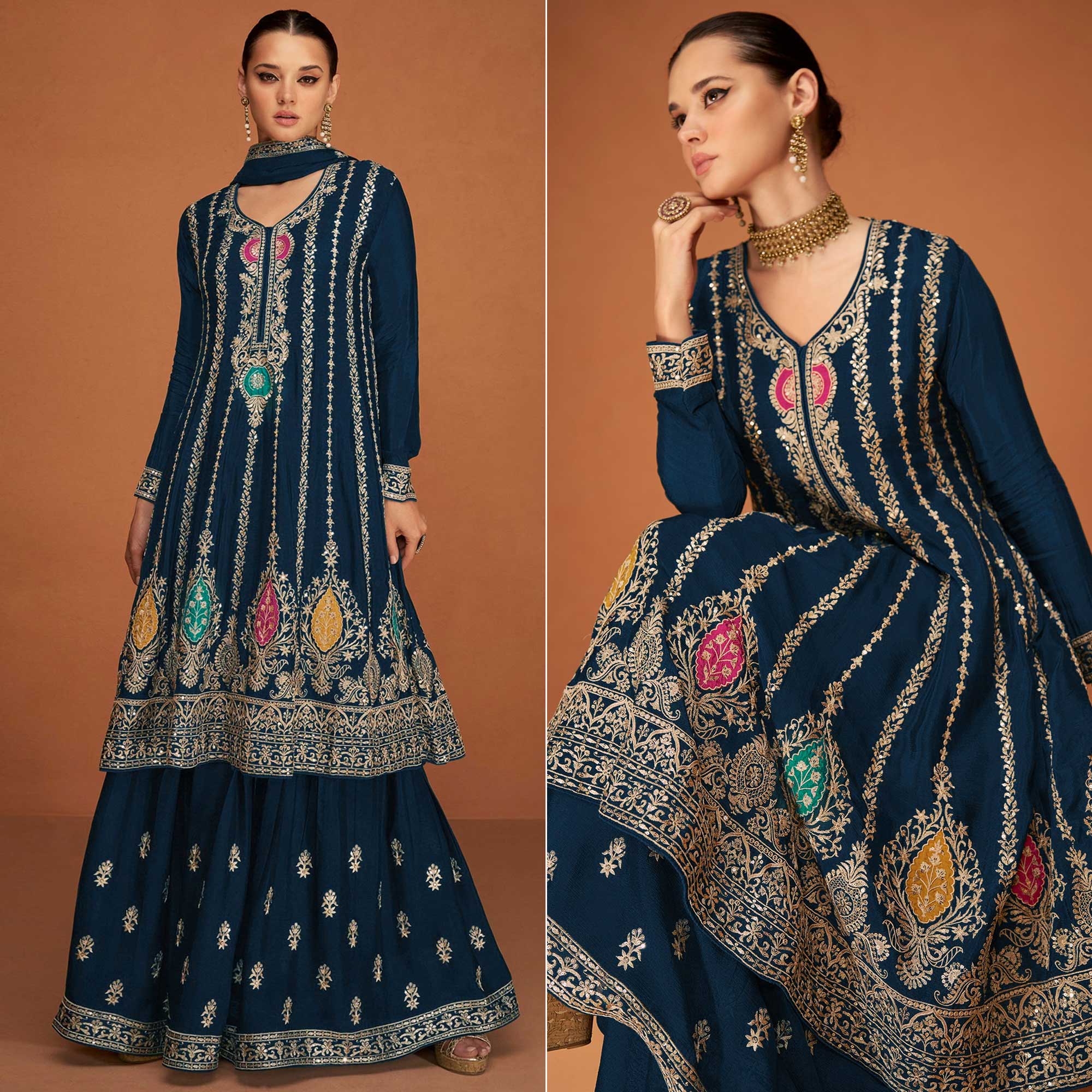 Peachmode Morpich Floral Sequins Embroidered Georgette Sharara Suit