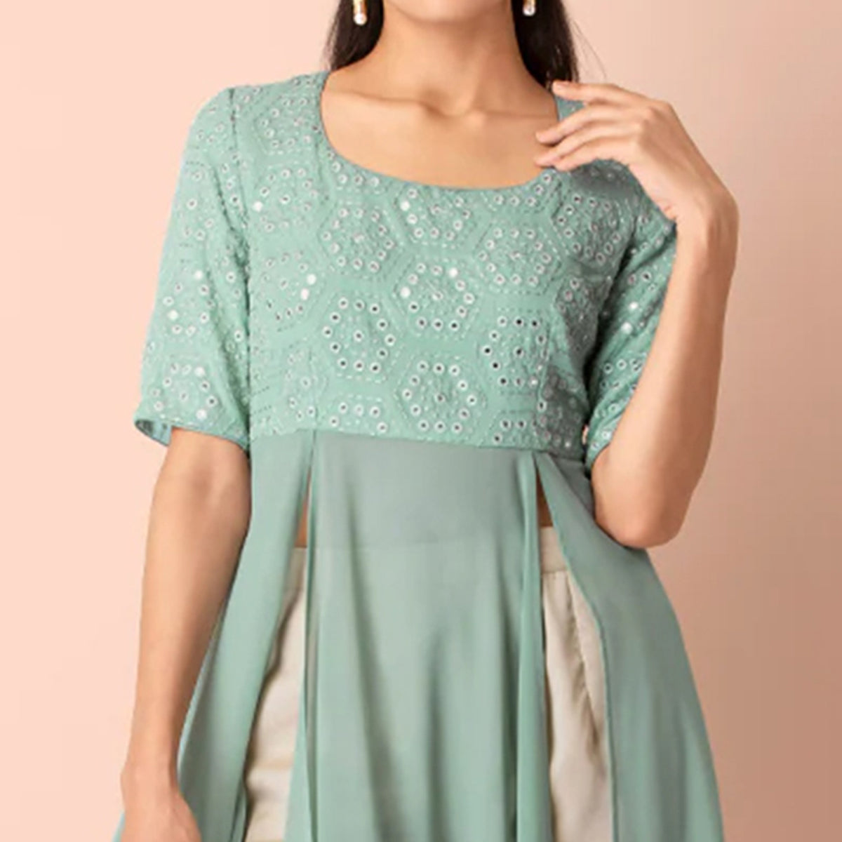 Peachmode Seller Light Sea Green Mirror Embroidered Georgette Kurti - view 2