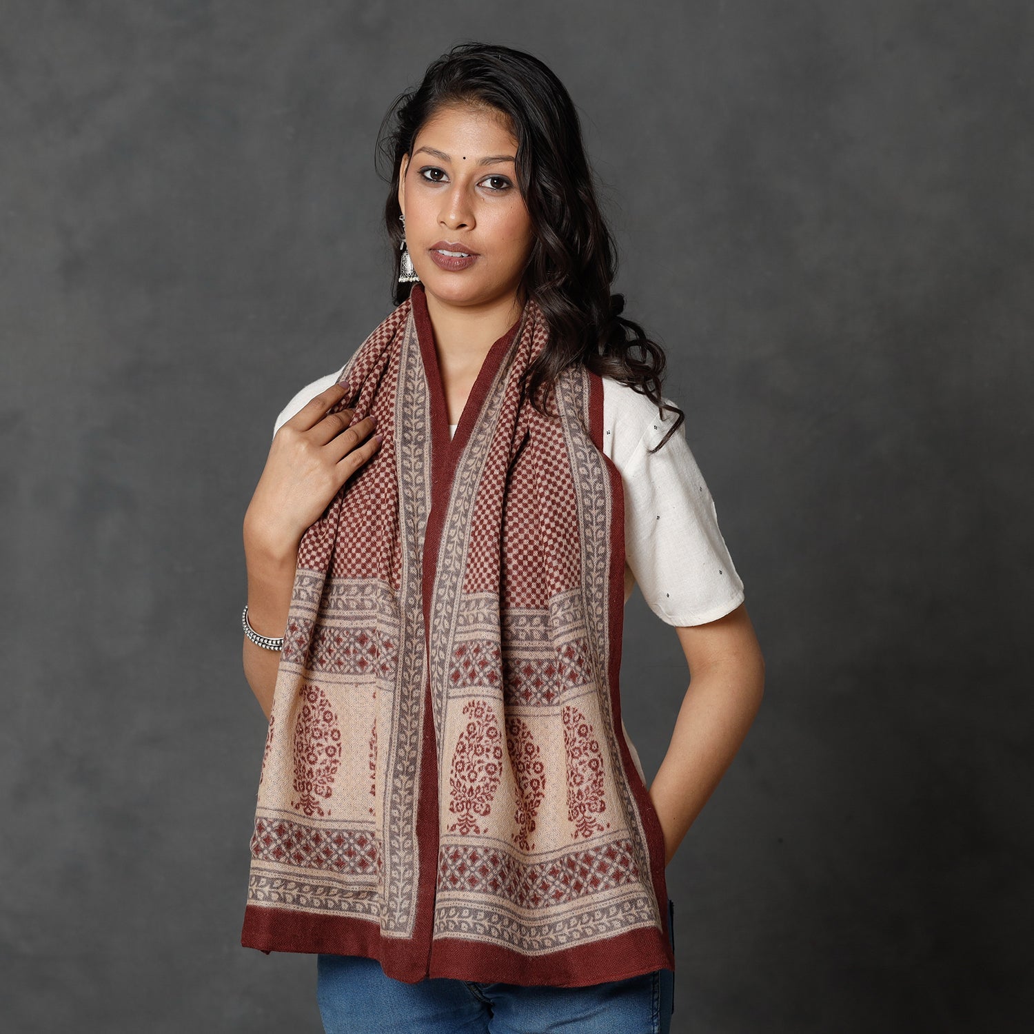 BAGH PRINTS BY MOHAMMED BILAL KHATRI Brown - Bagh Block Printed Natural Dyed Woolen Muffler (61 in)