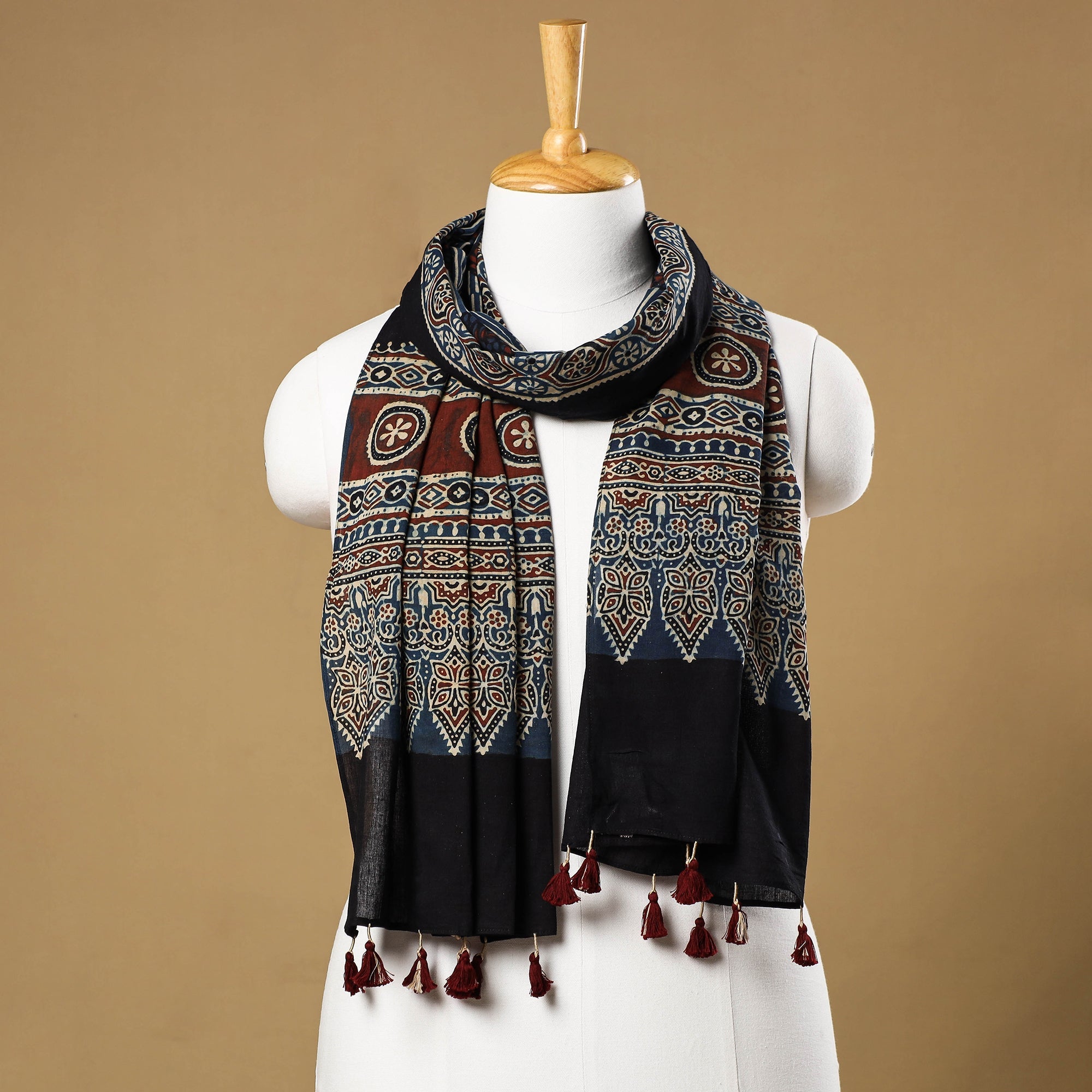 RIYAZ ABDULMAJID KHATRI - AJRAKH Blue - Ajrakh Block Printed Mul Cotton Stole with Tassels