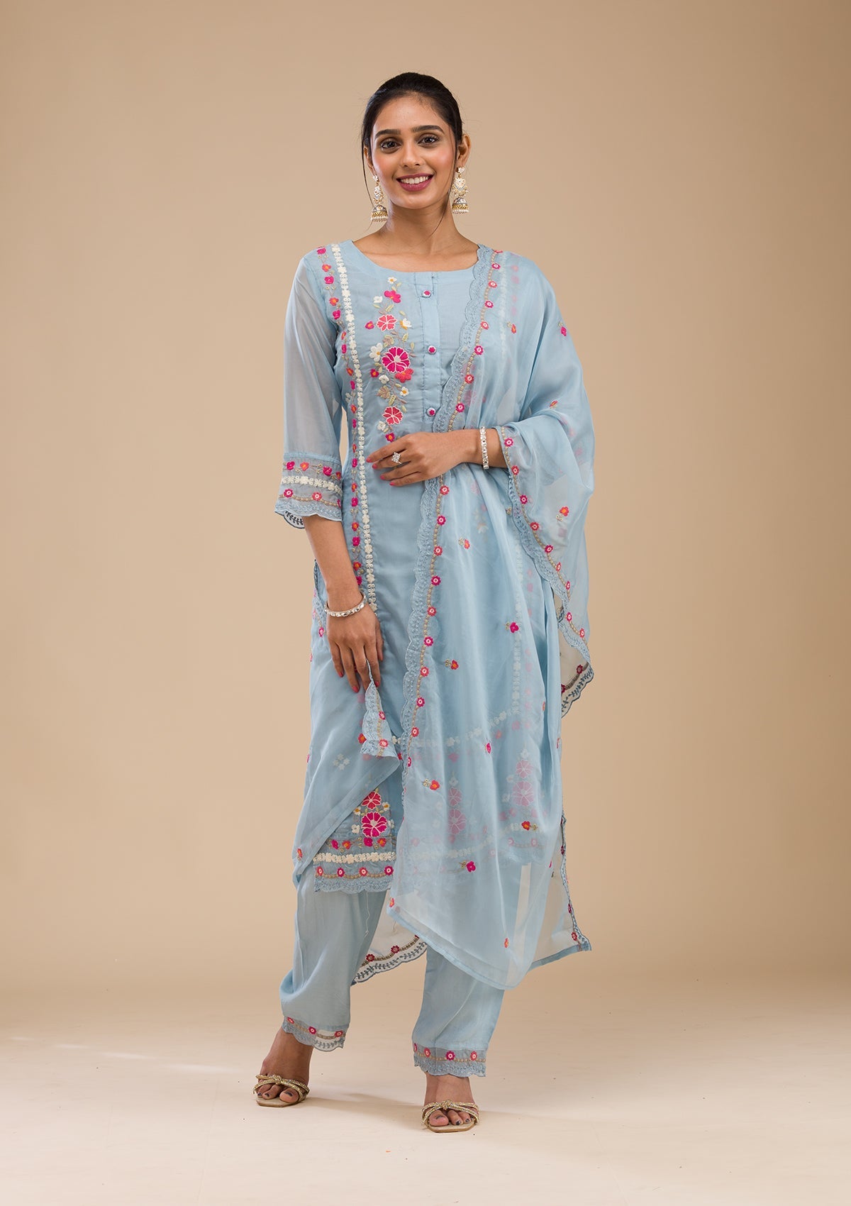Koskii Sky Blue Threadwork Chiffon Readymade Salwar Suit