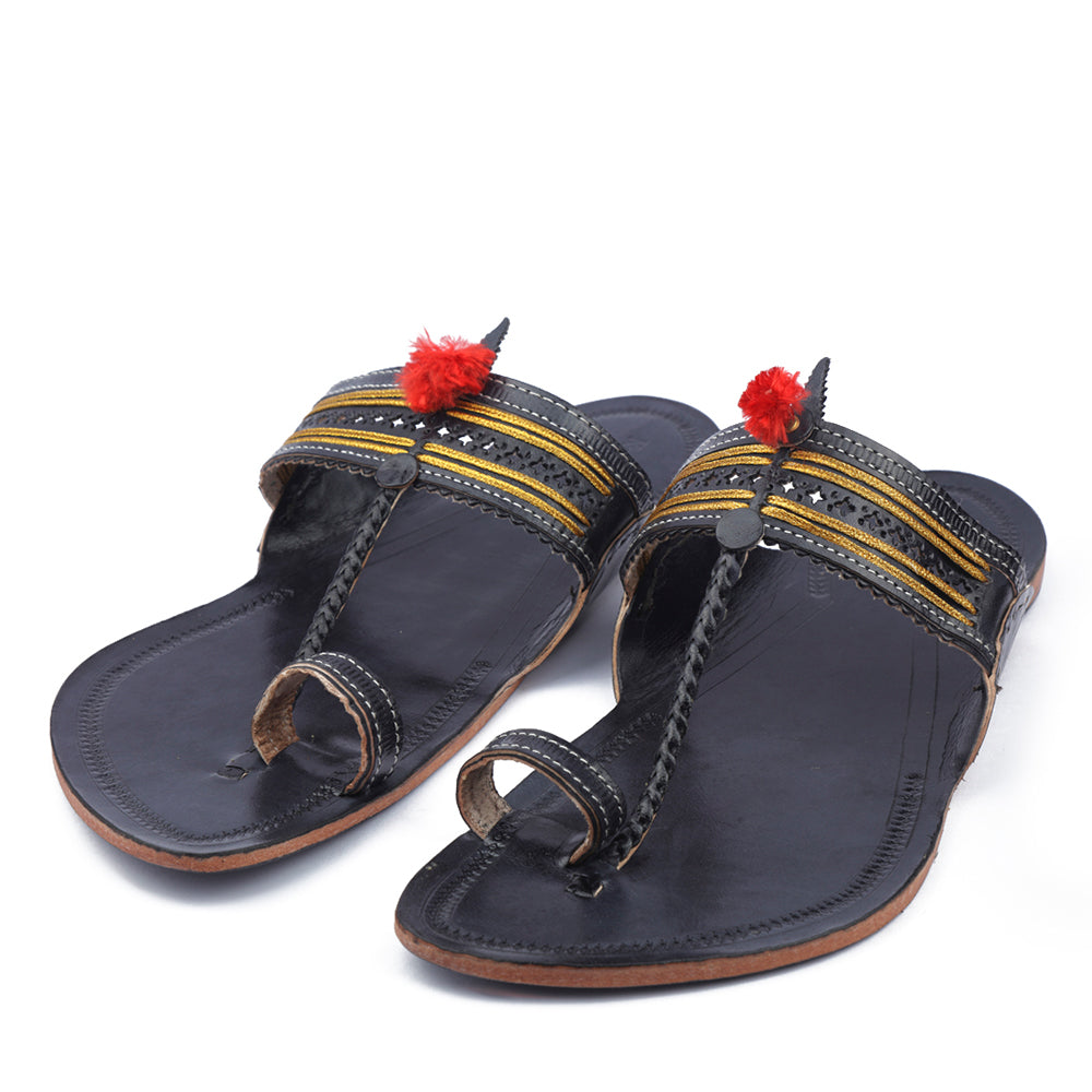 KORAKARI Black Handstitched Leather Kolhapuri Men Slipper