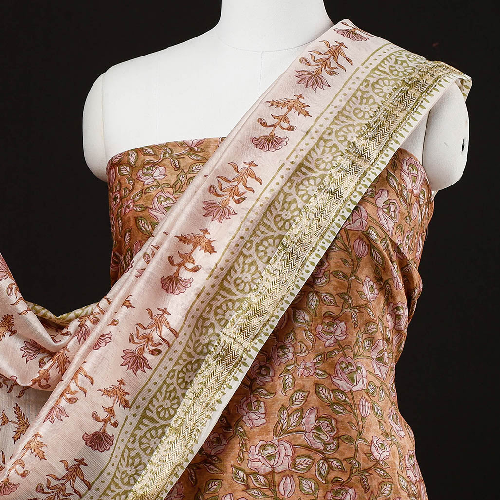 ARTISAN HAND BLOCK PRINTS Brown - 3pc Sanganeri Block Printed Maheshwari Silk Suit Material Set - view 3