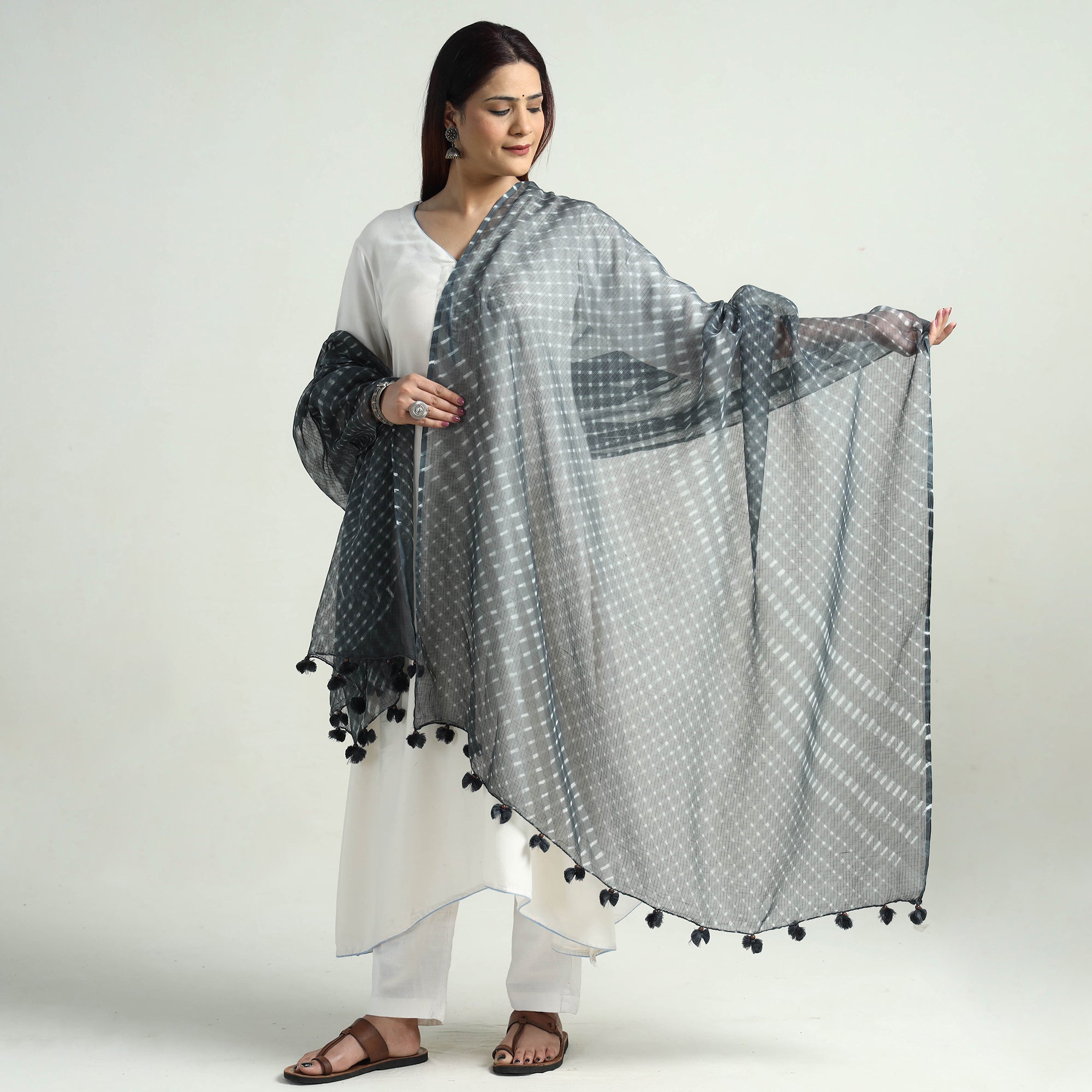 LEHARIYA BY BADSHAH MIYAN Black - Leheriya Tie-Dye Mothra Kota Doria Cotton Dupatta with Tassels 17