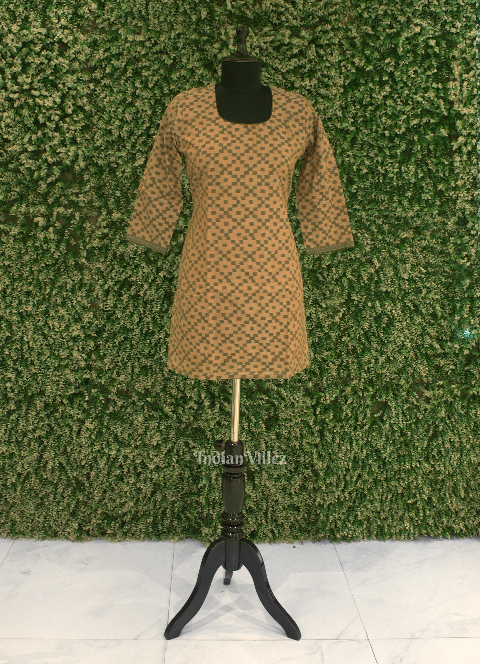IndianVillèz Beige Green Sambalpuri Odisha Ikat Designer Cotton Short Kurti