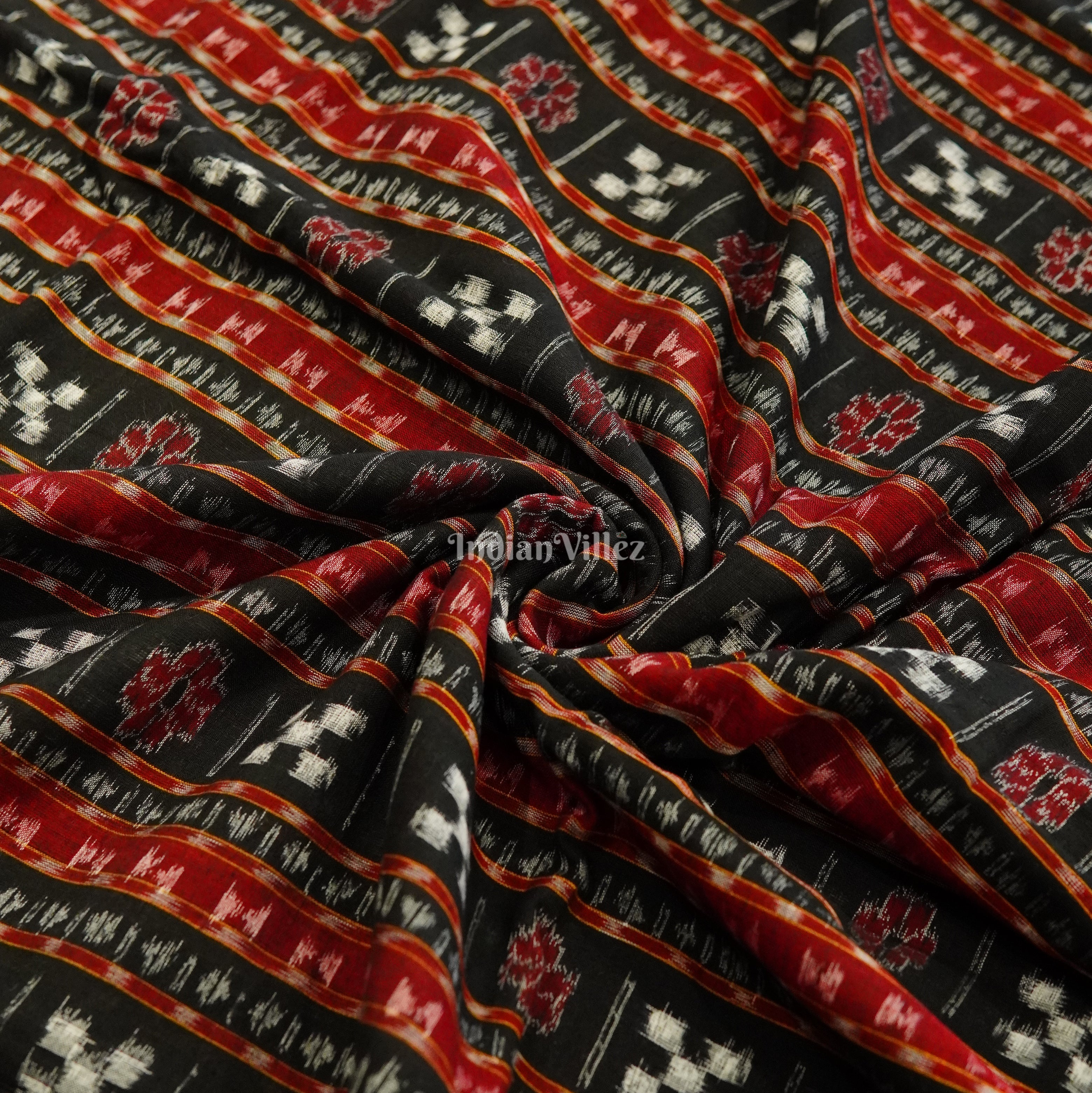 IndianVillèz Black Red Pasapali Theme Sambalpuri Ikat Cotton Fabric