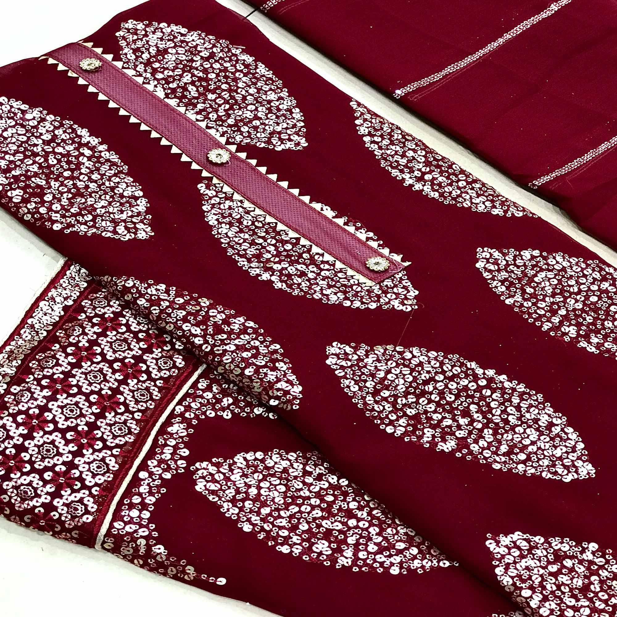 Peachmode Maroon Sequins Embroidered Georgette Dress Material - view 4