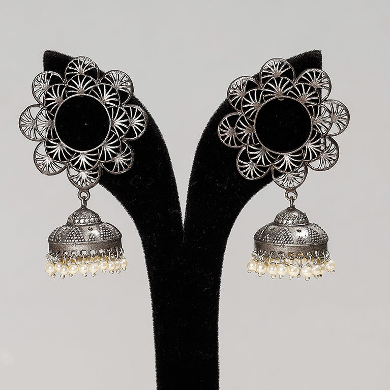 WHITE RIVER STORIES Antique Silver Finish Oxidised Brass Base Jhumki Earrings - view 2