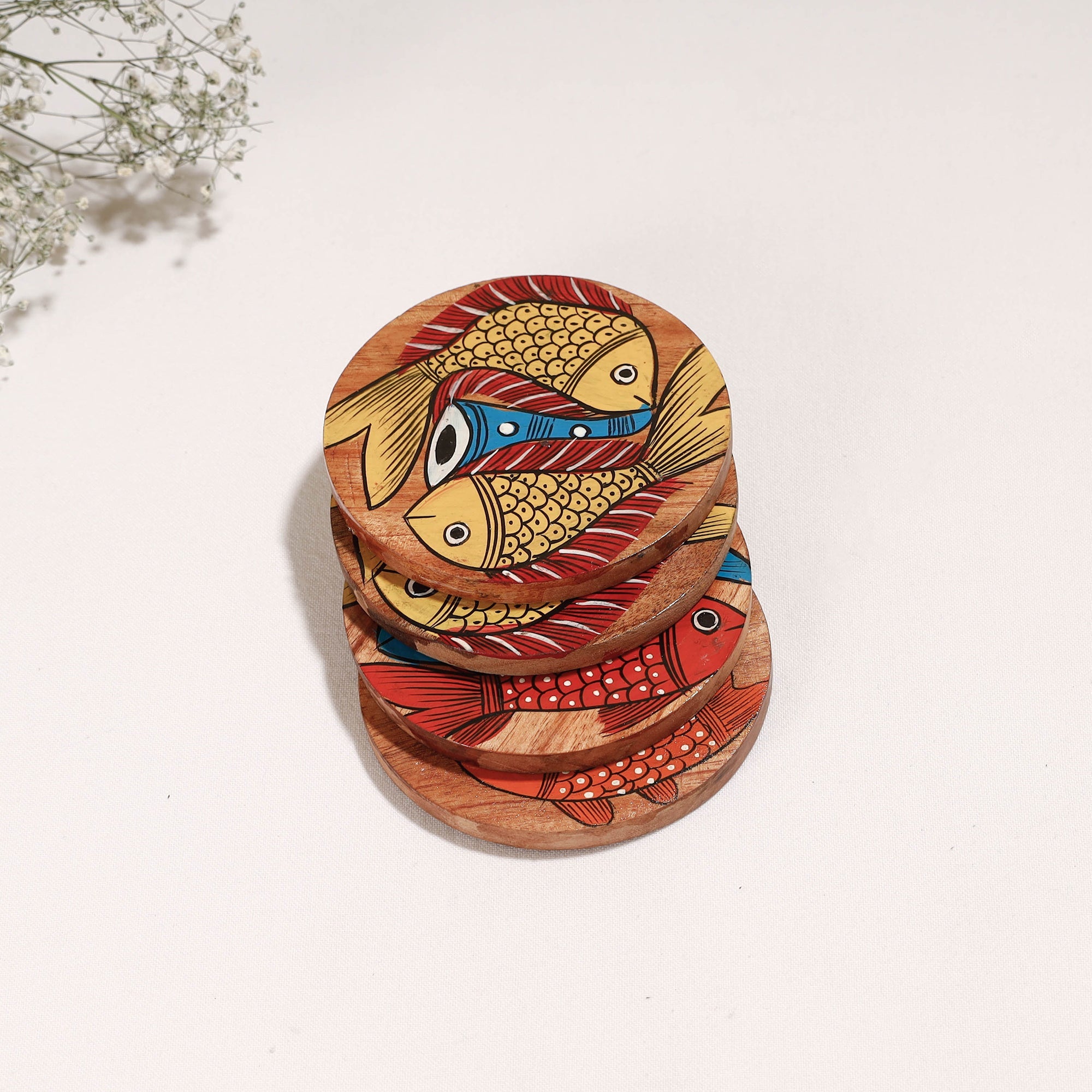 ITOKRI CRAFTS INITIATIVE Bengal Patua Handpainted Akashmoni Wooden Coasters (Set of 4) - view 2