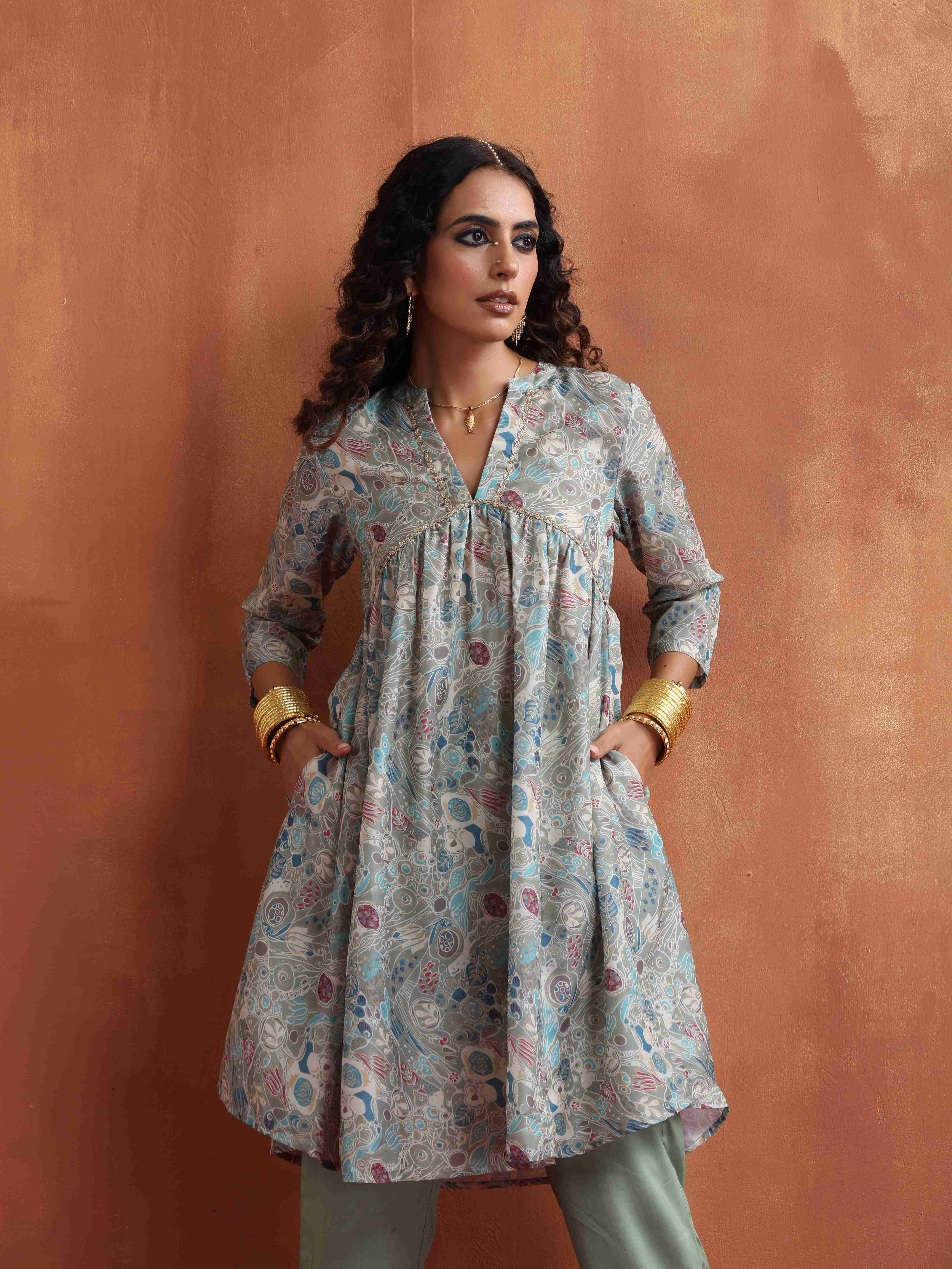 trueBrowns Green Print Flared Kurta Co-ord Set - view 4
