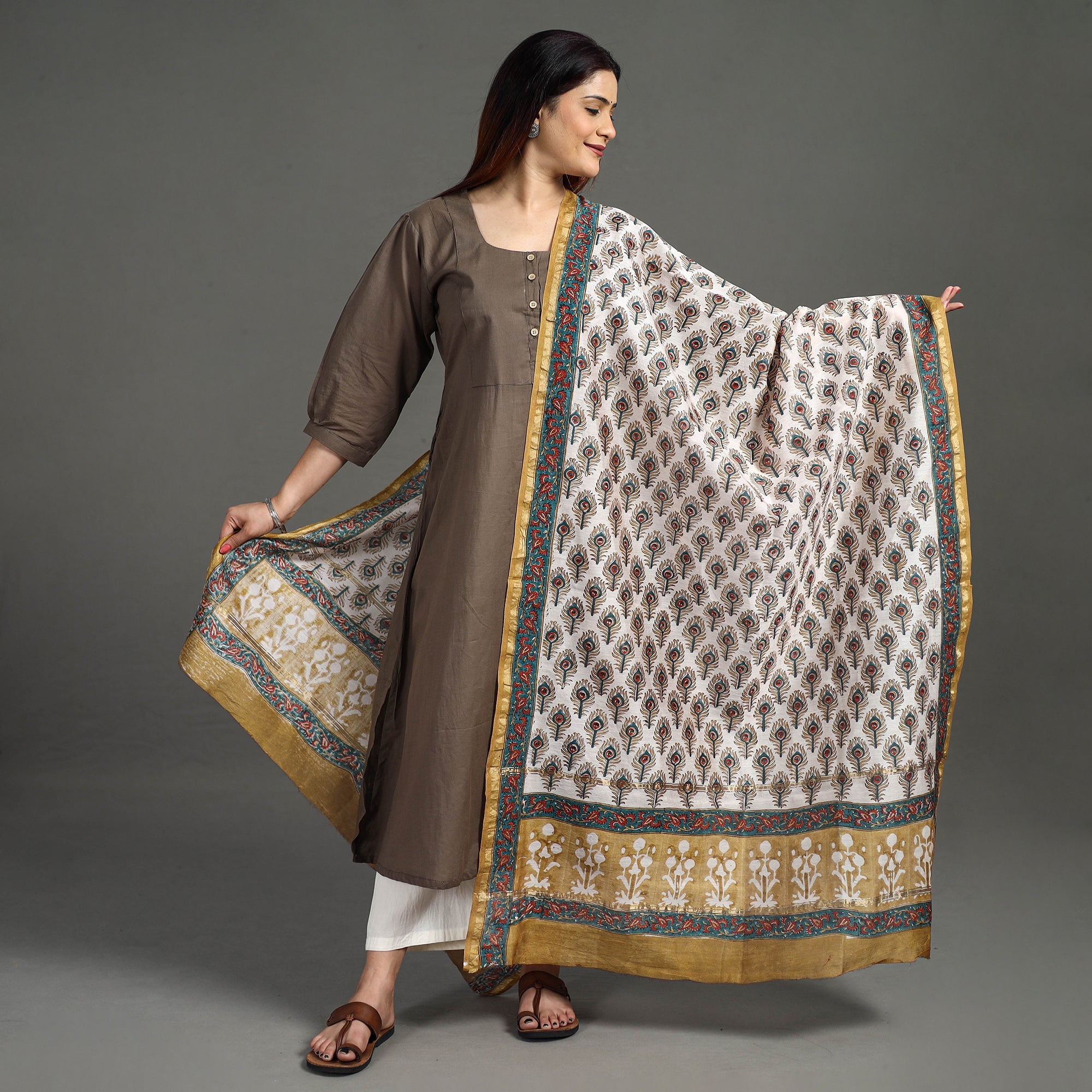 ARTISAN HAND BLOCK PRINTS Brown - Handloom Chanderi Silk Sanganeri Print Dupatta 28 - view 2