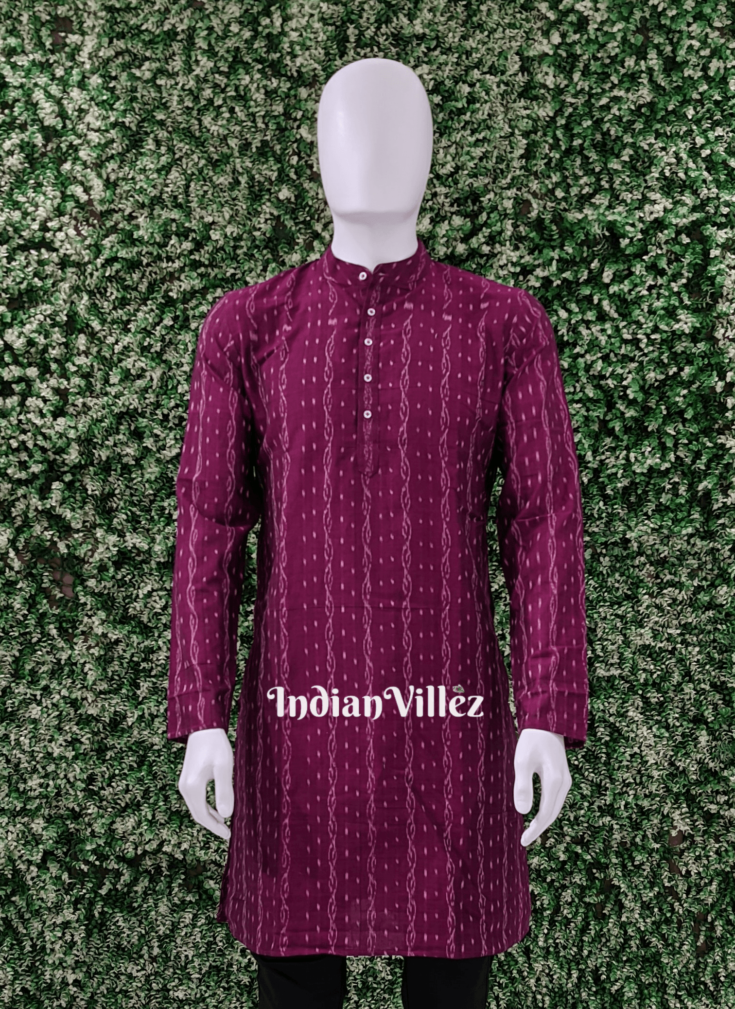 IndianVillèz Deep Wine Tipa Design Sambalpuri Ikat Cotton Kurta for Men