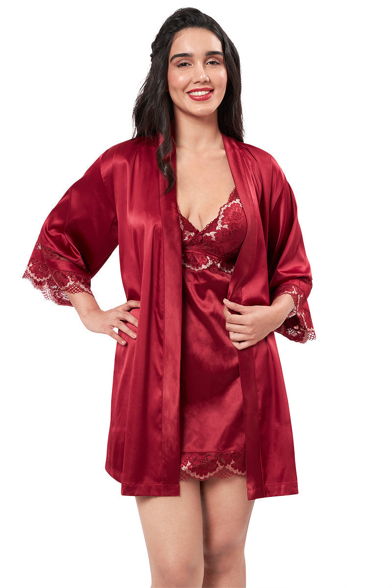 Amante Eternal Bliss Satin Lace Robe - Red Berry