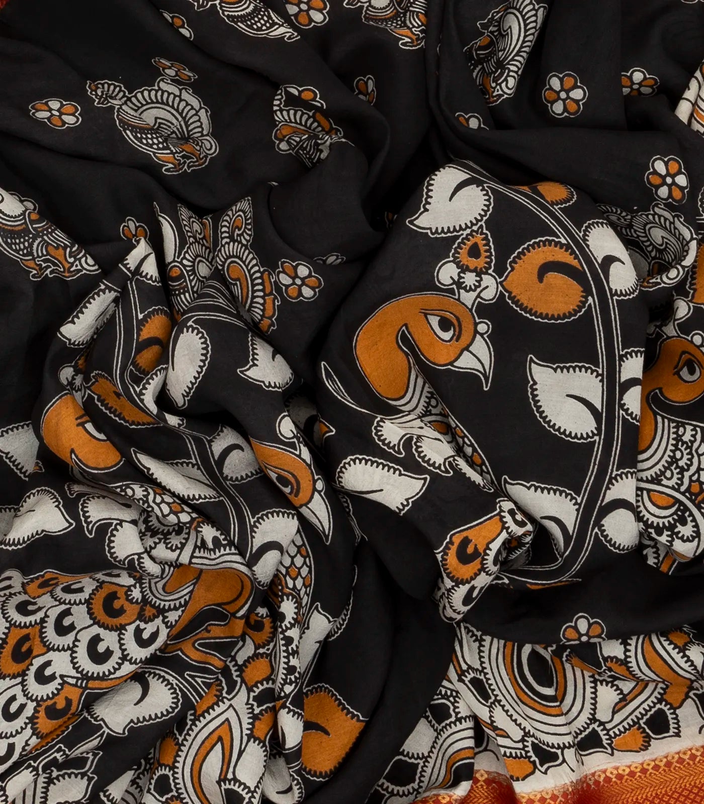 RmKV Black Handloom Kalamkari Cotton Saree With Printed Peacock Motifs - view 3