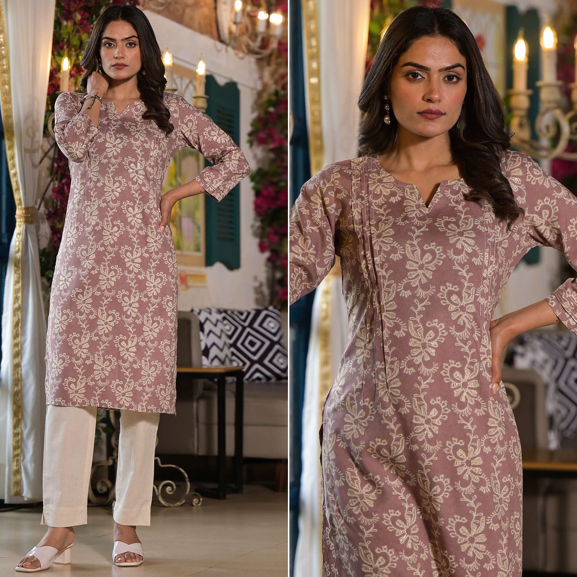Peachmode Brown Floral Printed Rayon Straight Kurti