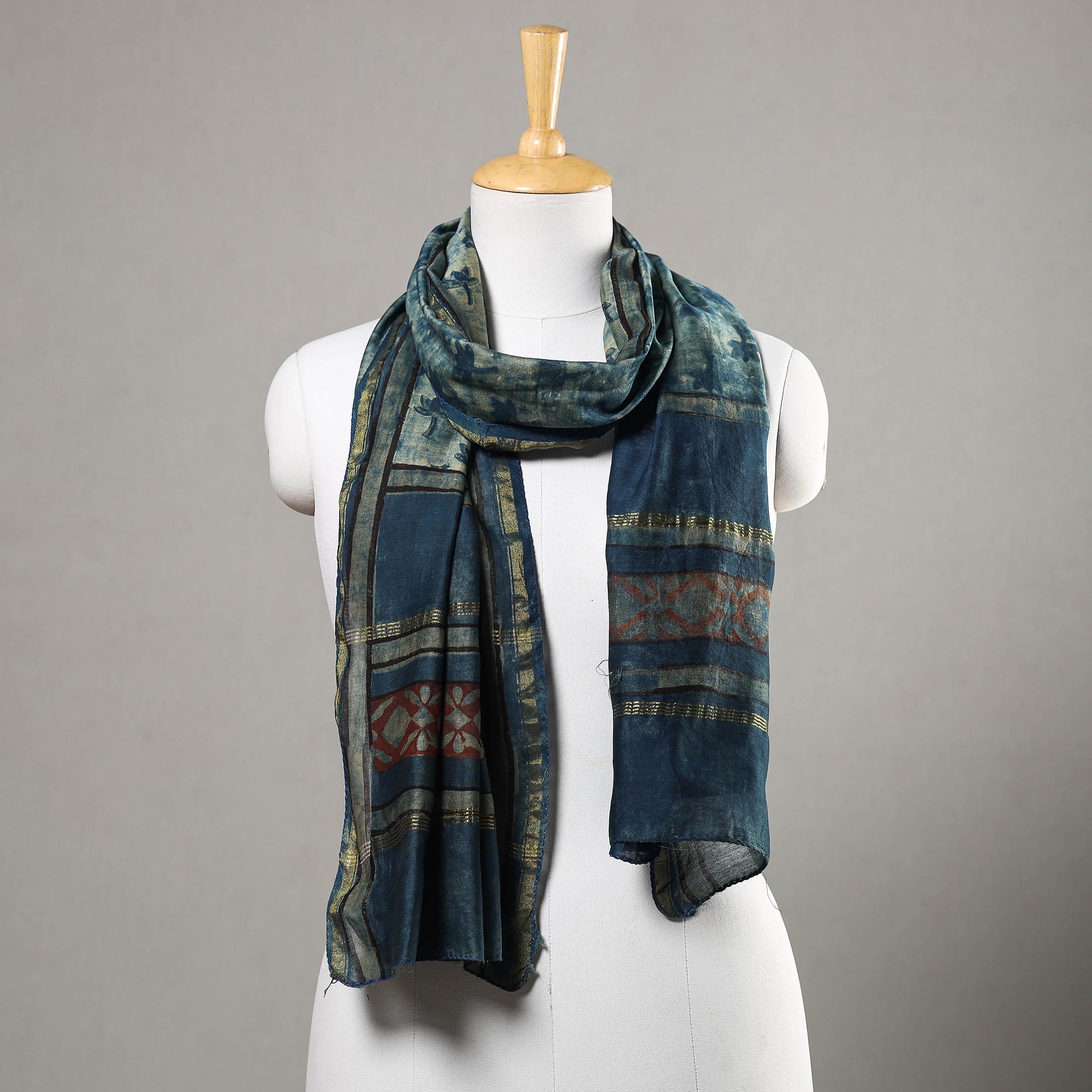 HAVELI CHRONICLES Blue - Akola Block Printed Chanderi Silk Handloom Stole with Zari Border